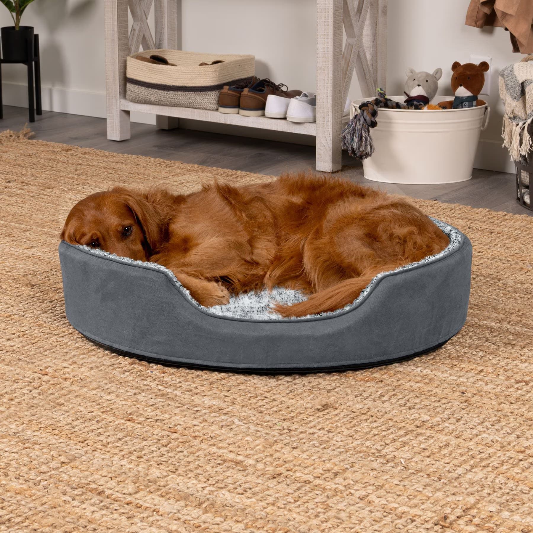 FurHaven Two-Tone Faux Fur & Suede Oval Dog & Cat Bed, Gray, X-Large — view 3