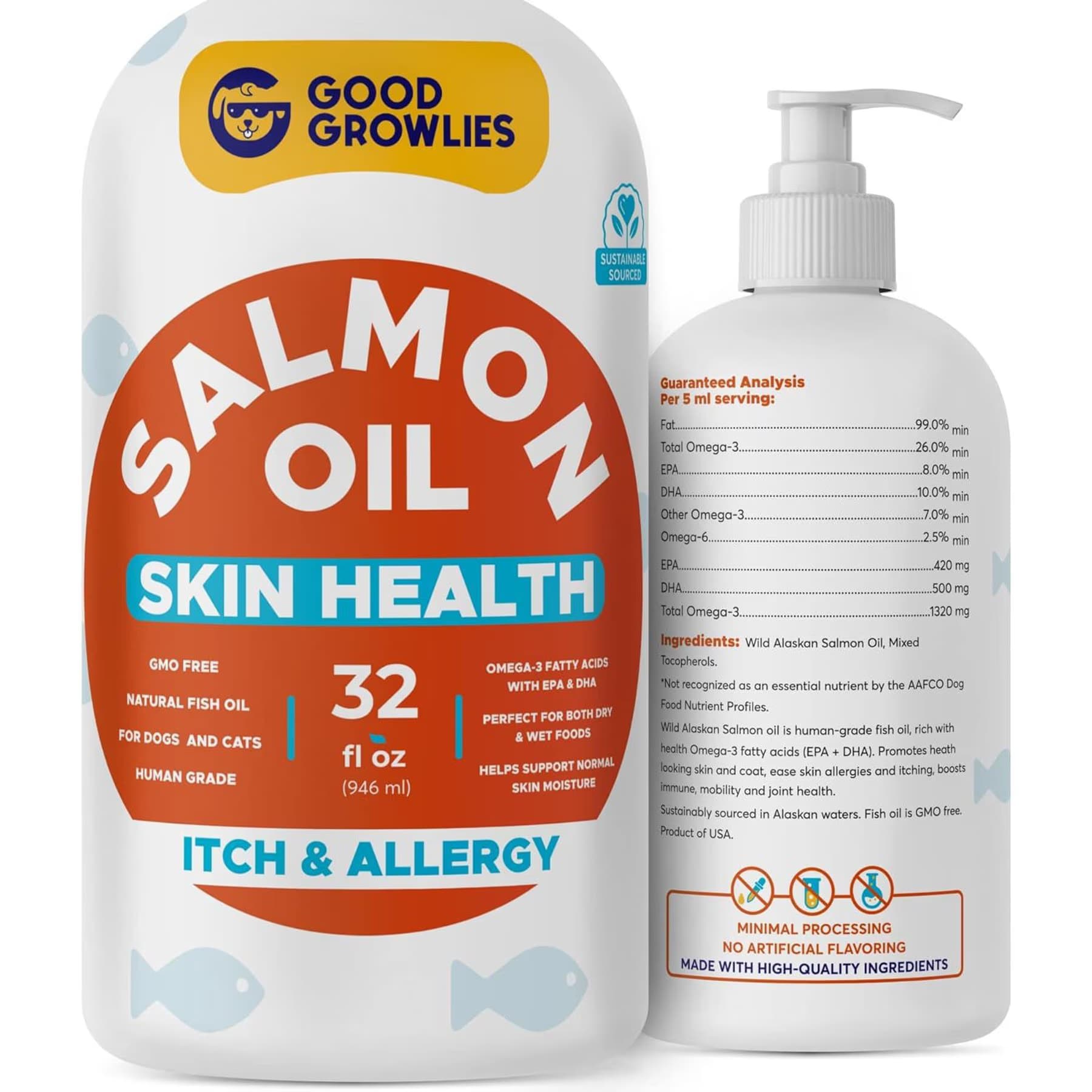 GoodGrowlies GoodGrowlies Wild Alaskan Salmon Oil Omega-3 DHA + EPA Skin & Coat Supplement for Dogs & Cats, 32-fl oz bottle