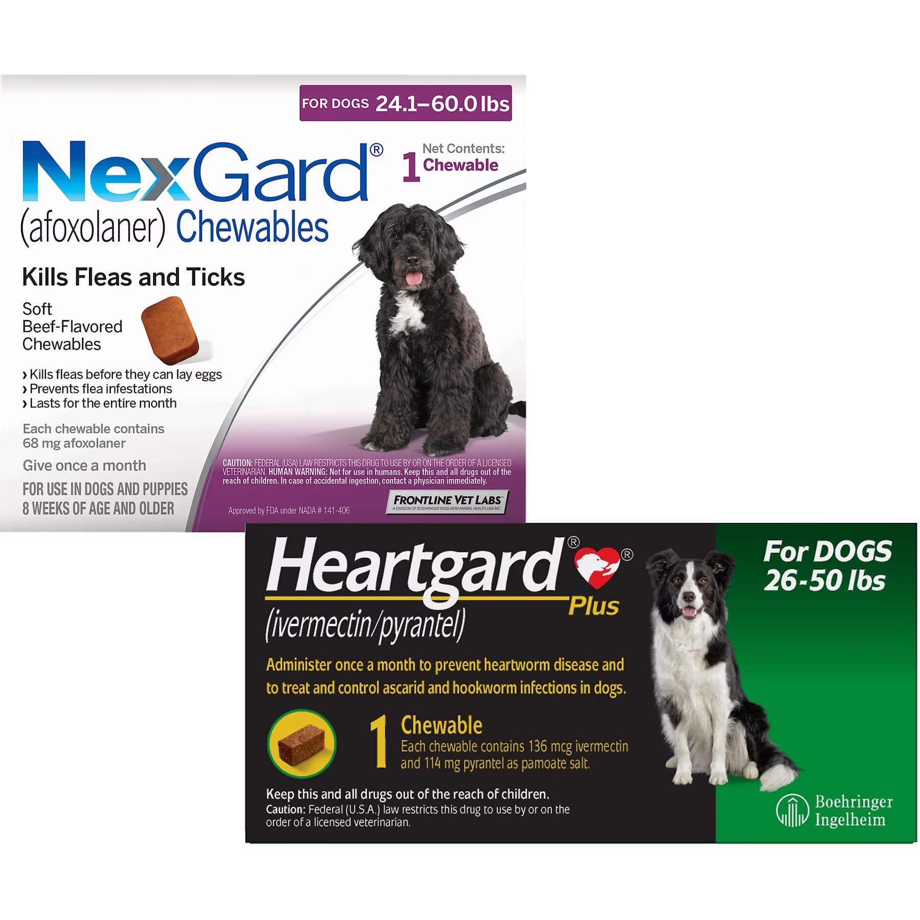 Heartgard||NexGard Heartgard Plus Chew for Dogs, 26-50 lbs, (Green Box), 1 Chew (1-mo. supply) & NexGard Chew for Dogs, 24.1-60 lbs, (Purple Box), 1 Chew (1-mo. supply)