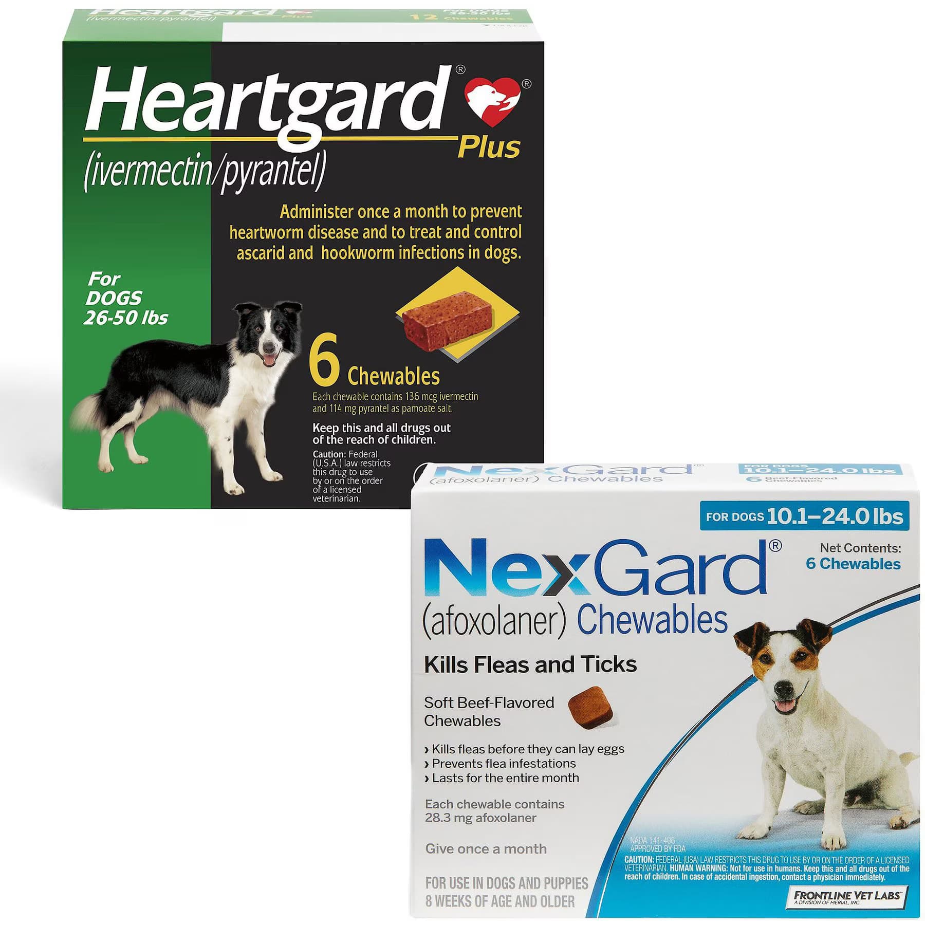 Heartgard||NexGard Heartgard Plus Chew for Dogs, 26-50 lbs, (Green Box), 6 Chews (6-mos. supply) & NexGard Chew for Dogs, 10.1-24 lbs, (Blue Box), 6 Chews (6-mos. supply)