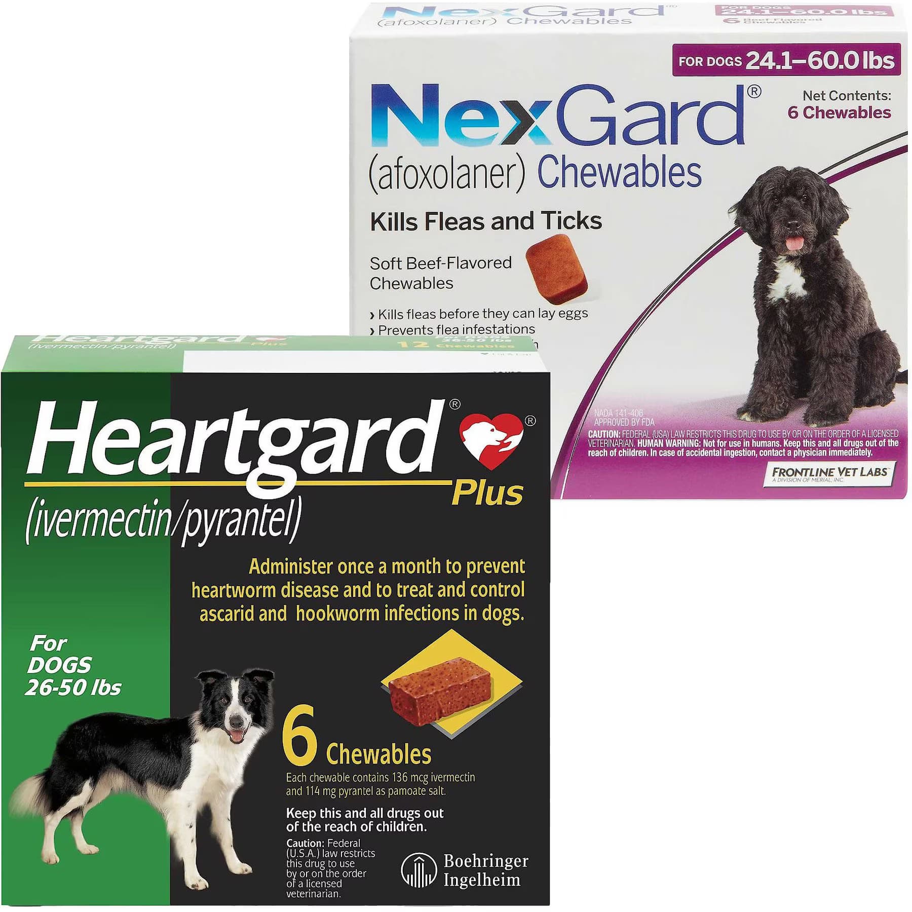 Heartgard||NexGard Heartgard Plus Chew for Dogs, 26-50 lbs, (Green Box), 6 Chews (6-mos. supply) & NexGard Chew for Dogs, 24.1-60 lbs, (Purple Box), 6 Chews (6-mos. supply)