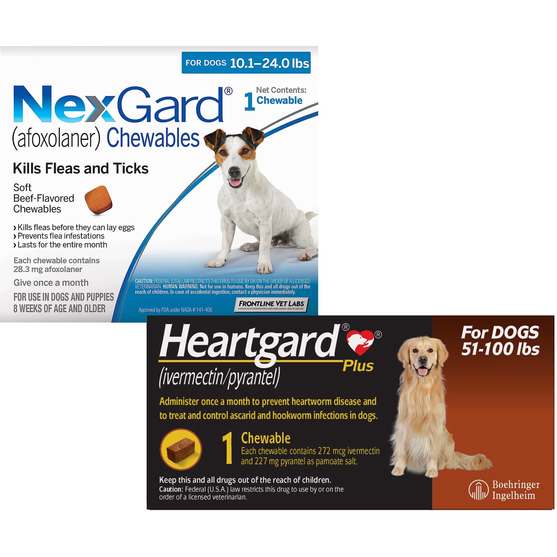Heartgard||NexGard Heartgard Plus Chew for Dogs, 51-100 lbs, (Brown Box), 1 Chew (1-mo. supply) & NexGard Chew for Dogs, 10.1-24 lbs, (Blue Box), 1 Chew (1-mo. supply)
