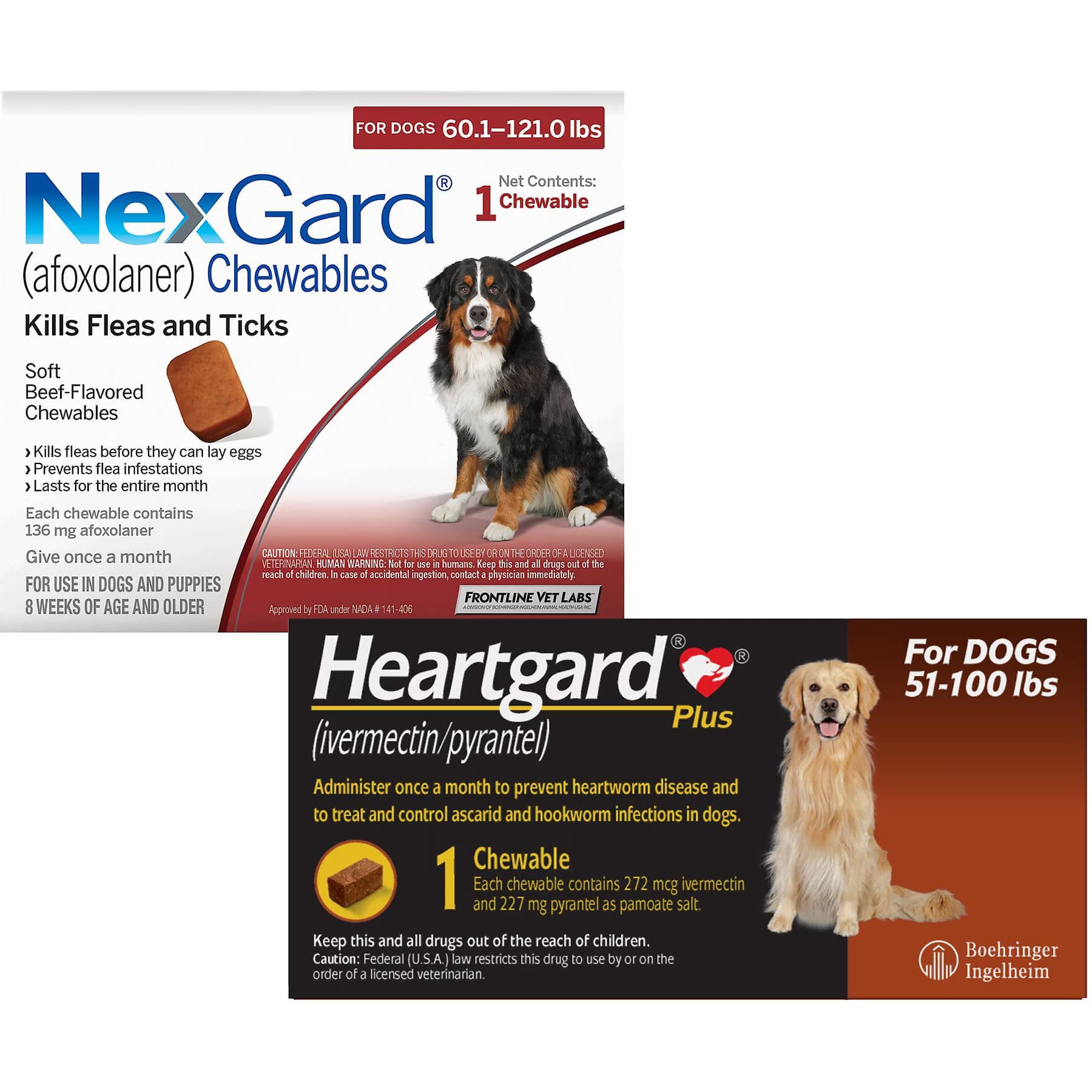 Heartgard||NexGard Heartgard Plus Chew for Dogs, 51-100 lbs, (Brown Box), 1 Chew (1-mo. supply) & NexGard Chew for Dogs, 60.1-121 lbs, (Red Box), 1 Chew (1-mo. supply)