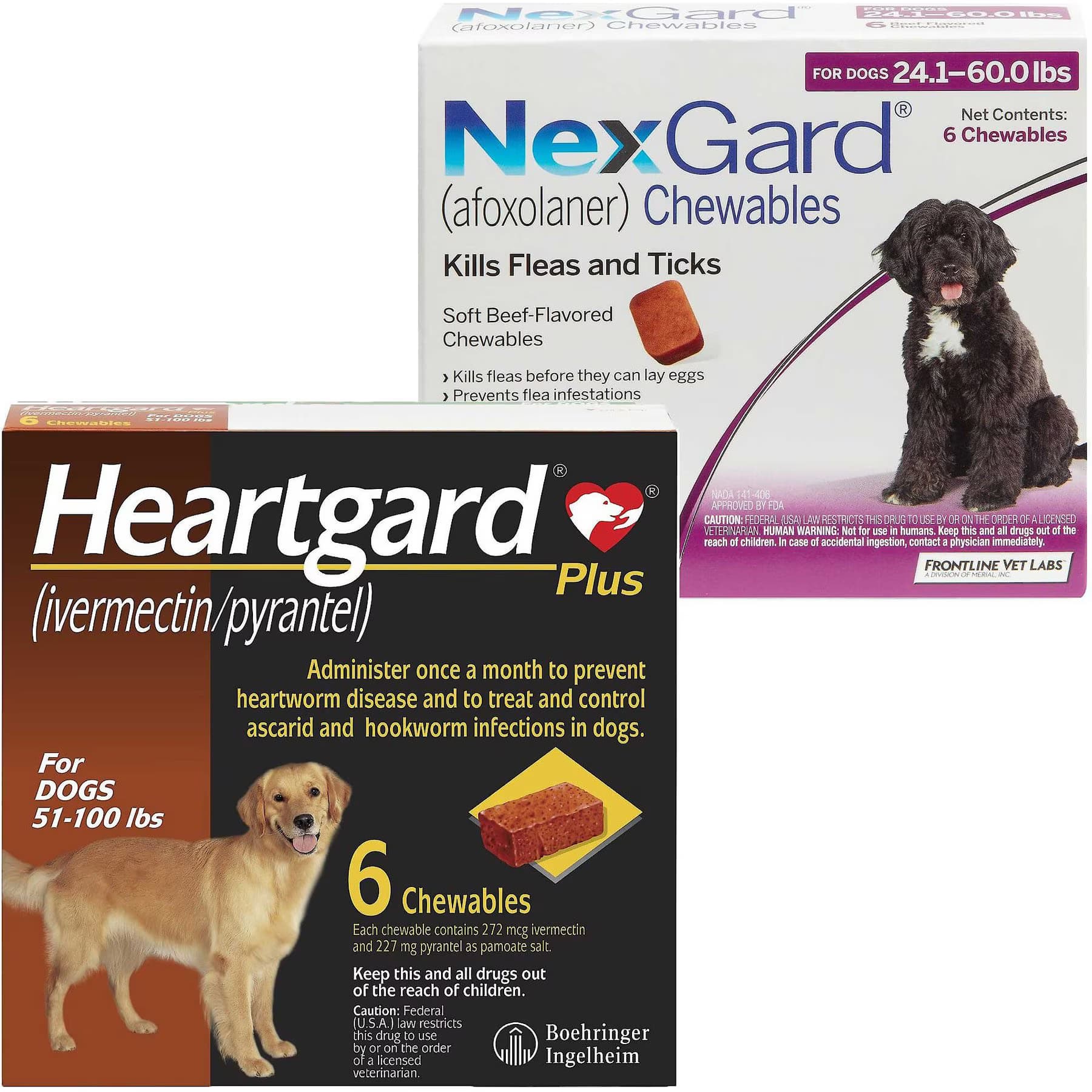 Heartgard||NexGard Heartgard Plus Chew for Dogs, 51-100 lbs, (Brown Box), 6 Chews (6-mos. supply) & NexGard Chew for Dogs, 24.1-60 lbs, (Purple Box), 6 Chews (6-mos. supply)