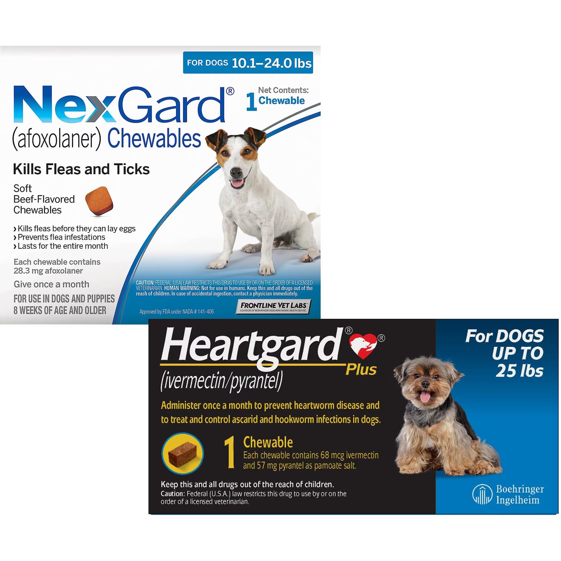 Heartgard||NexGard Heartgard Plus Chew for Dogs, up to 25 lbs, (Blue Box), 1 Chew (1-mo. supply) & NexGard Chew for Dogs, 10.1-24 lbs, (Blue Box), 1 Chew (1-mo. supply) — 0-25 lbs