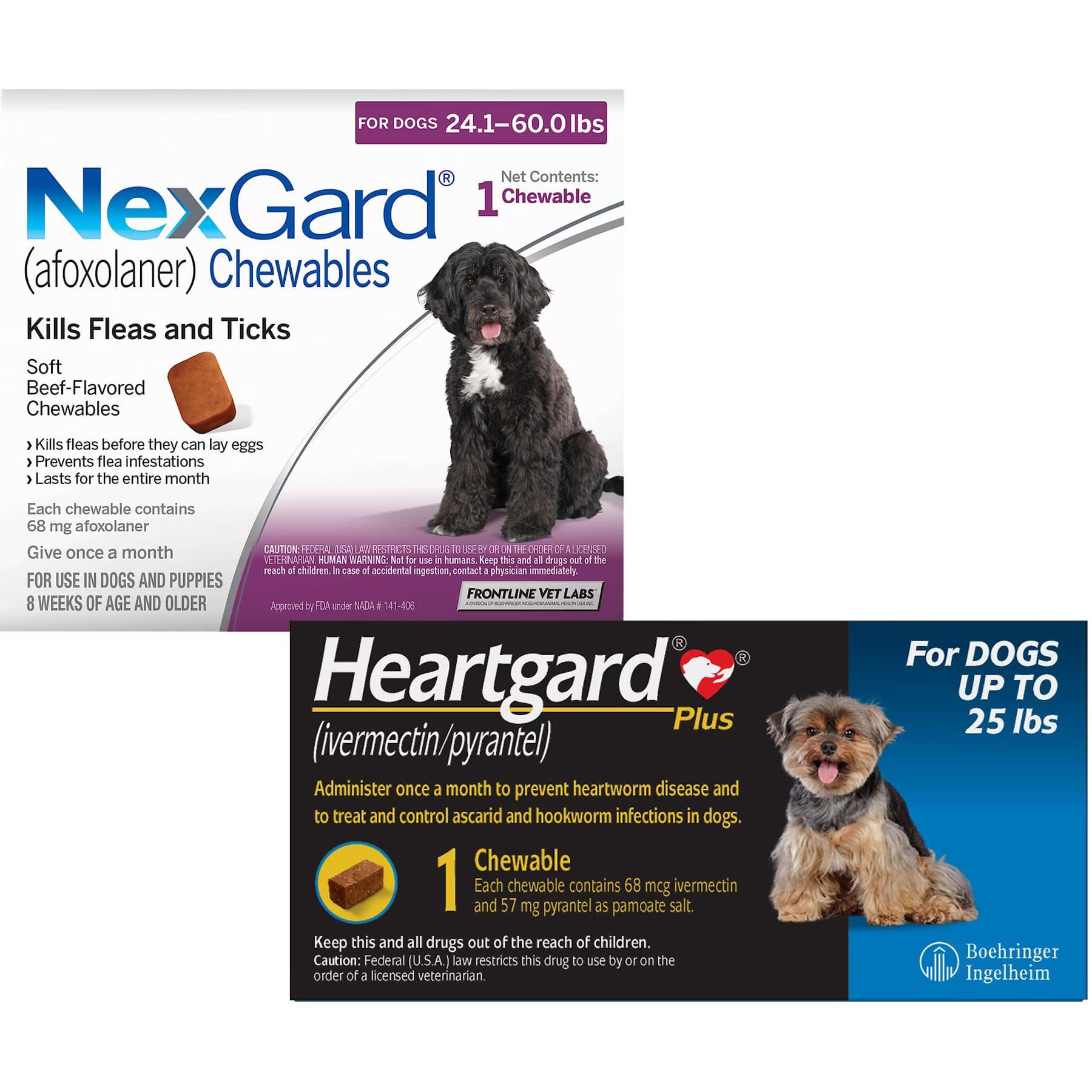 Heartgard||NexGard Heartgard Plus Chew for Dogs, up to 25 lbs, (Blue Box), 1 Chew (1-mo. supply) & NexGard Chew for Dogs, 24.1-60 lbs, (Purple Box), 1 Chew (1-mo. supply) — 0-25 lbs