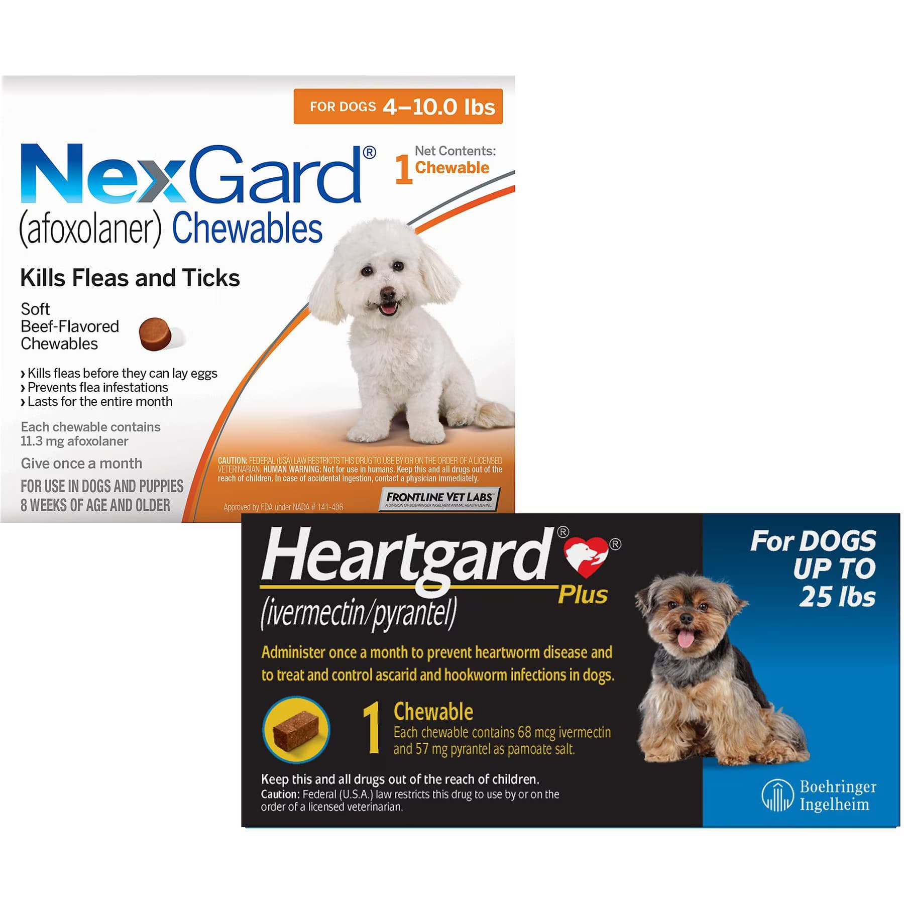 Heartgard||NexGard Heartgard Plus Chew for Dogs, up to 25 lbs, (Blue Box), 1 Chew (1-mo. supply) & NexGard Chew for Dogs, 4-10 lbs, (Orange Box), 1 Chew (1-mo. supply) — 0-25 lbs