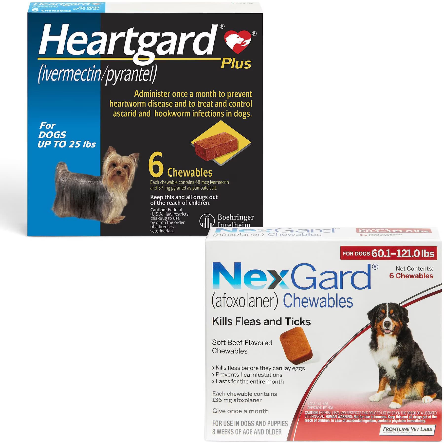 Heartgard||NexGard Heartgard Plus Chew for Dogs, up to 25 lbs, (Blue Box), 6 Chews (6-mos. supply) & NexGard Chew for Dogs, 60.1-121 lbs, (Red Box), 6 Chews (6-mos. supply) — 0-25 lbs