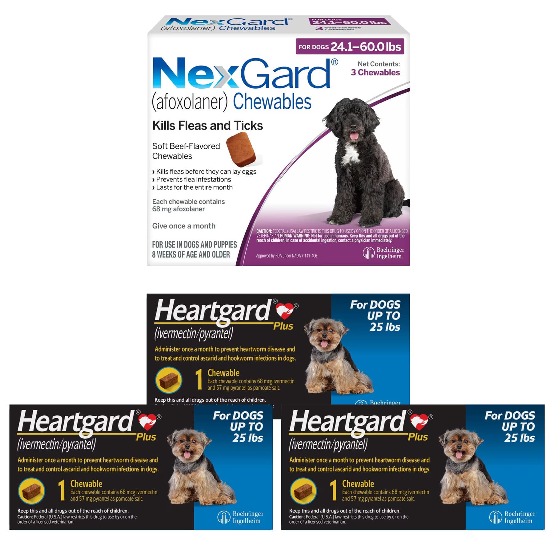 Heartgard||NexGard Heartgard Plus Chew, up to 25 lbs, (Blue Box), 3 Chew (3-mo. supply) + NexGard Chew for Dogs, 24.1-60 lbs, (Purple Box), 3 Chews (3-mos. supply)