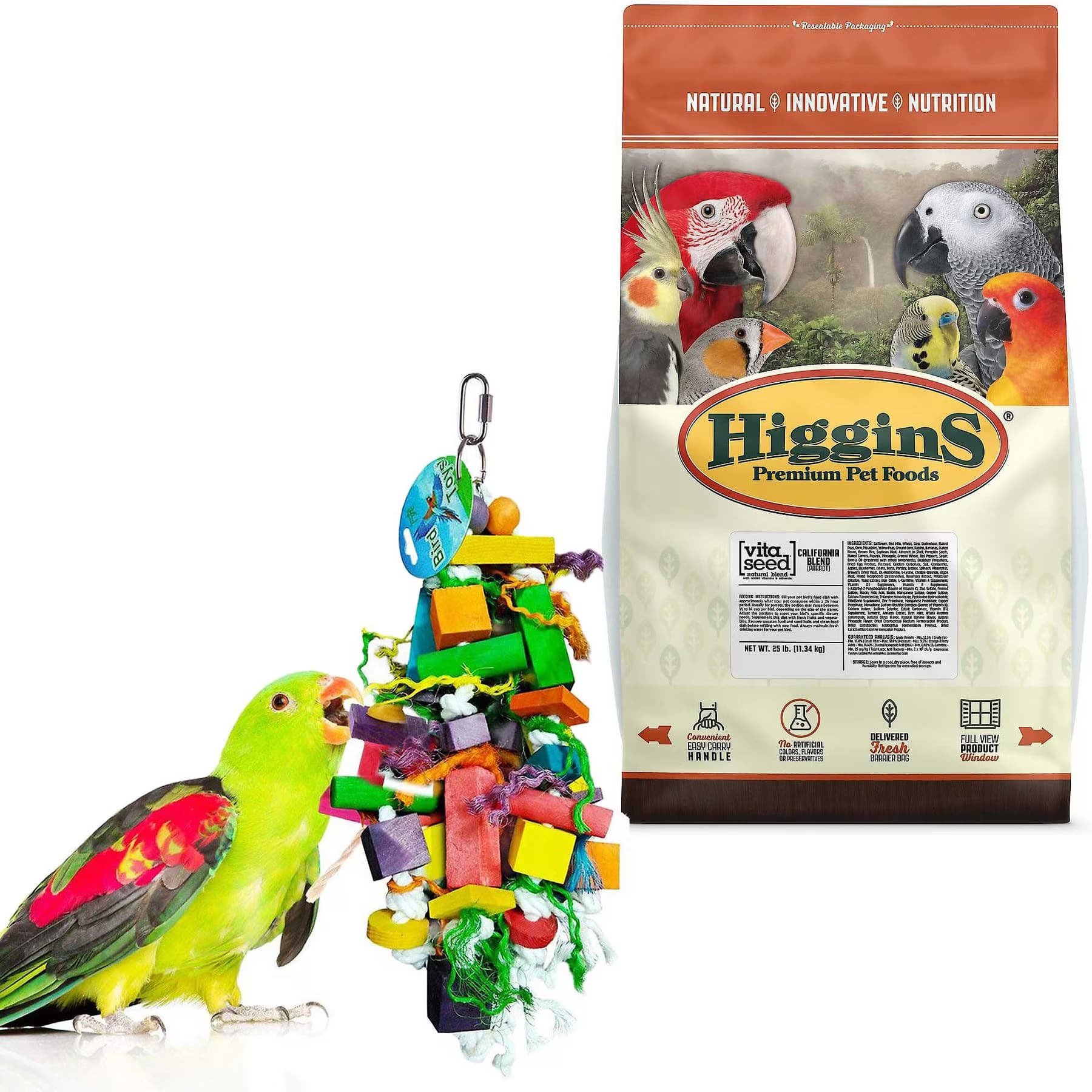 Higgins||SunGrow Higgins Vita Seed California Blend Parrot Food + Sungrow Parrot Chew Toy, Foraging Blocks, Rainbow Wood