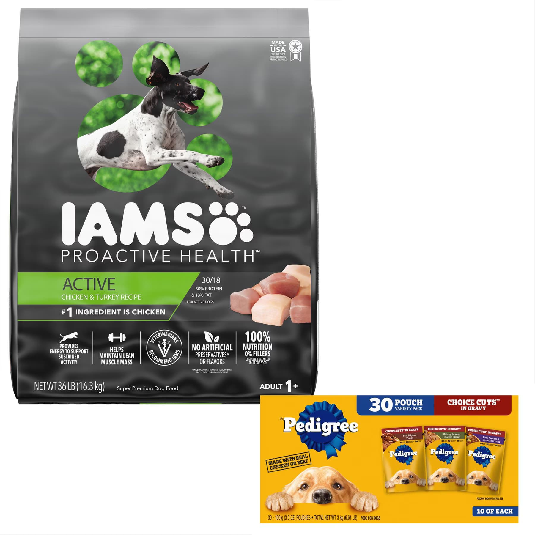 Iams||Pedigree Iams Proactive Health Active Chicken & Turkey Recipe Dry Food + Pedigree Choice Cuts in Gravy Variety Pack Wet Dog Food