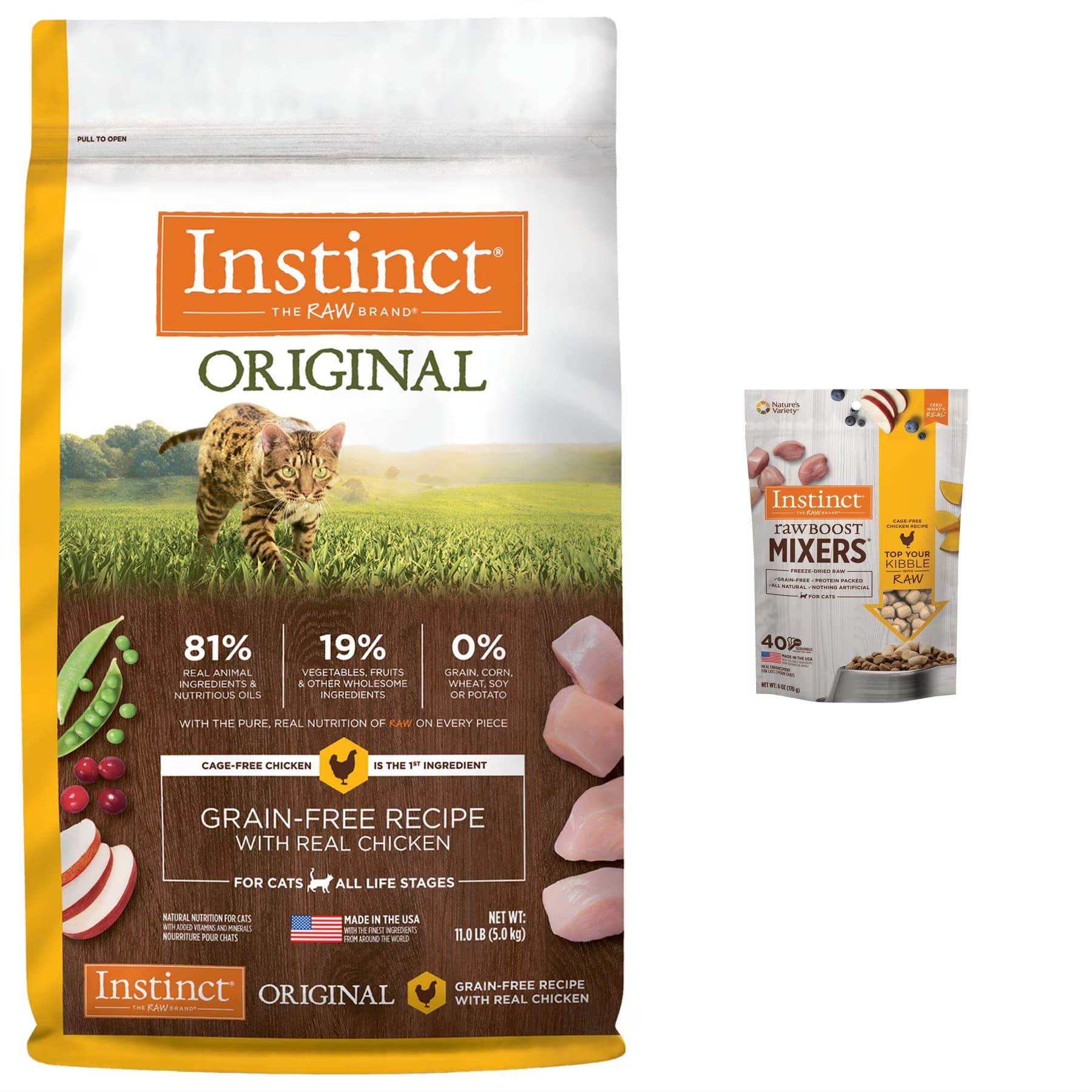 Instinct Instinct Original Recipe with Real Chicken Freeze-Dried Raw Coated Dry Food + Raw Boost Mixers Chicken Recipe Freeze-Dried Cat Food Topper