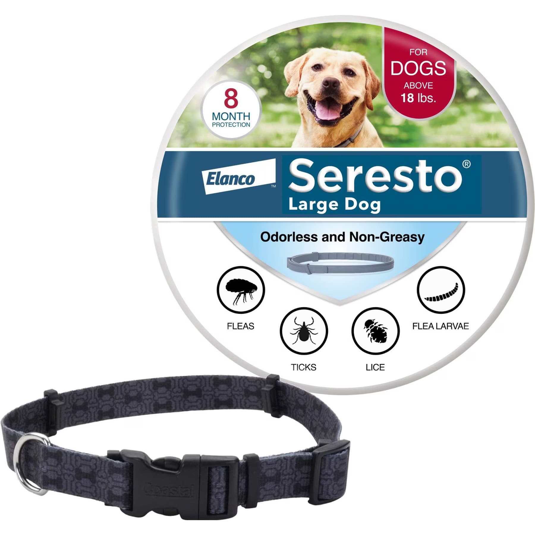 SecureAway||Seresto Large Seresto Flea & Tick Collar for Dogs + SecureAway Flea Collar Protector, Black Bones, Medium