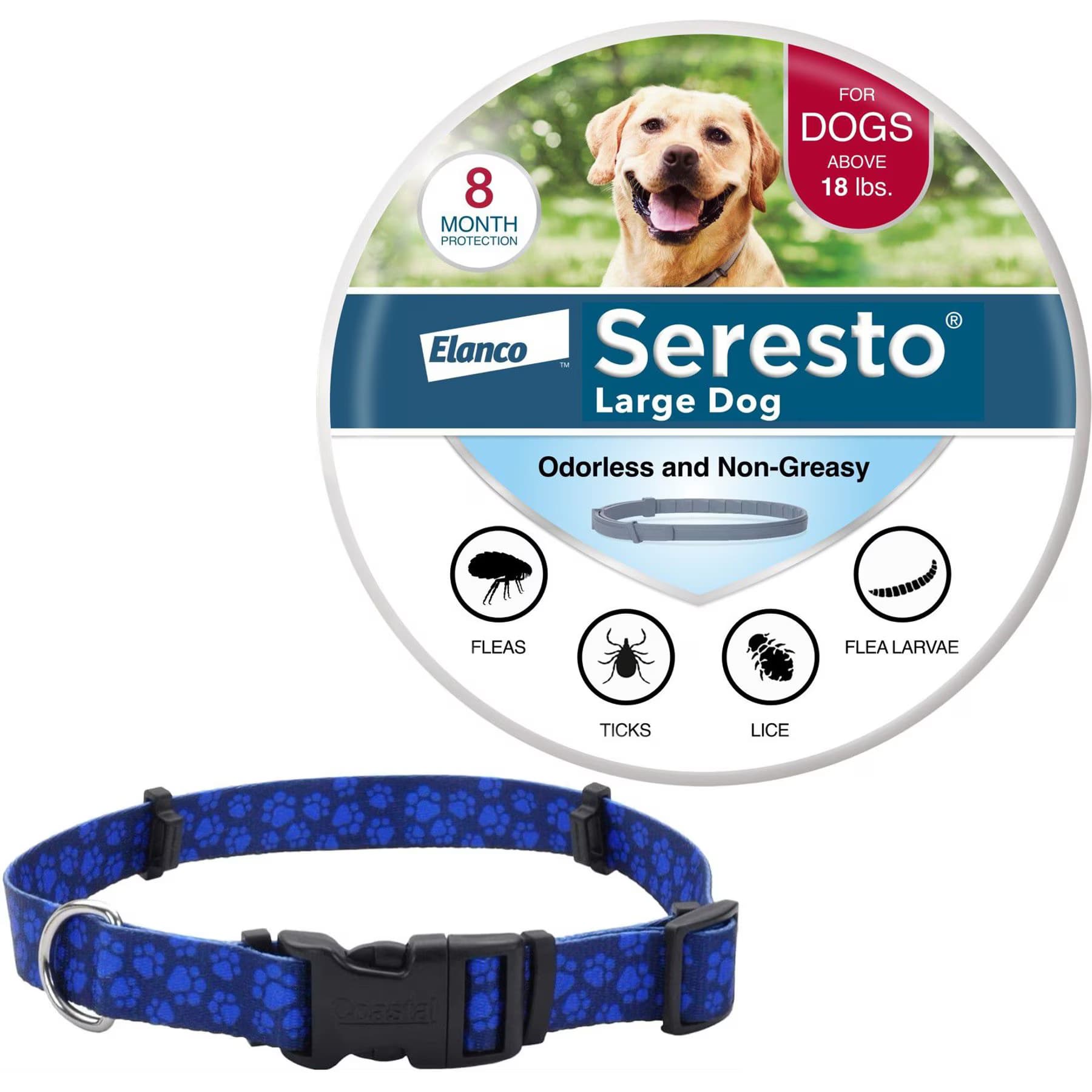 SecureAway||Seresto Large Seresto Flea & Tick Collar for Dogs + SecureAway Flea Collar Protector, Blue Paws, Medium