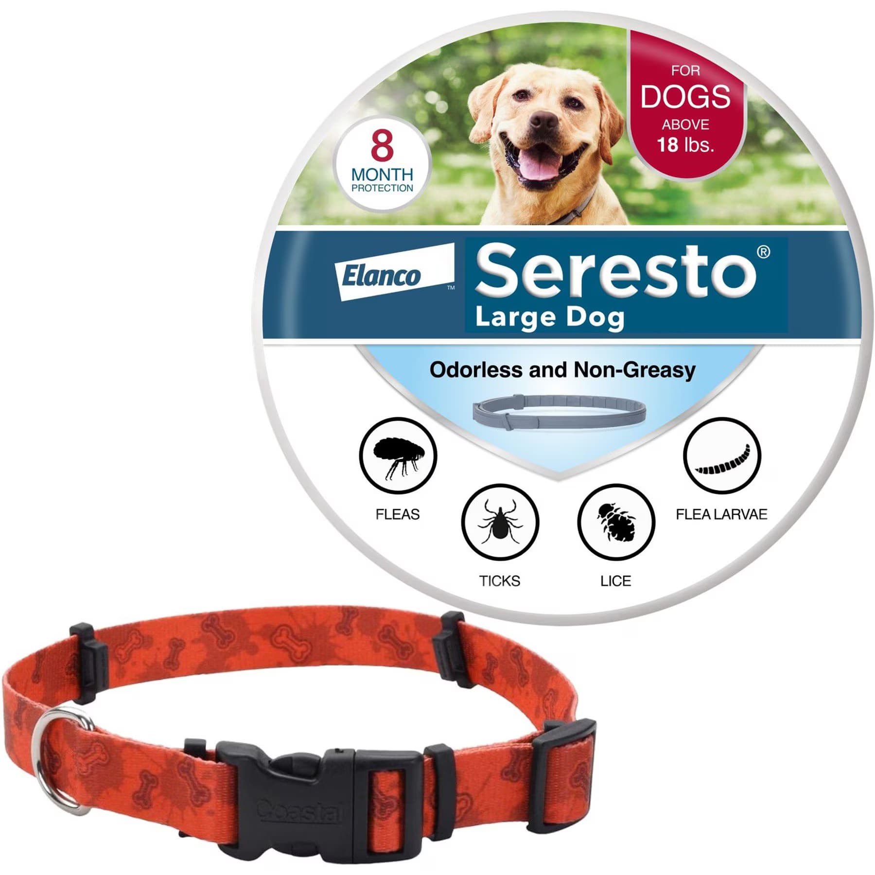 SecureAway||Seresto Large Seresto Flea & Tick Collar for Dogs + SecureAway Flea Collar Protector, Red Bones, Medium