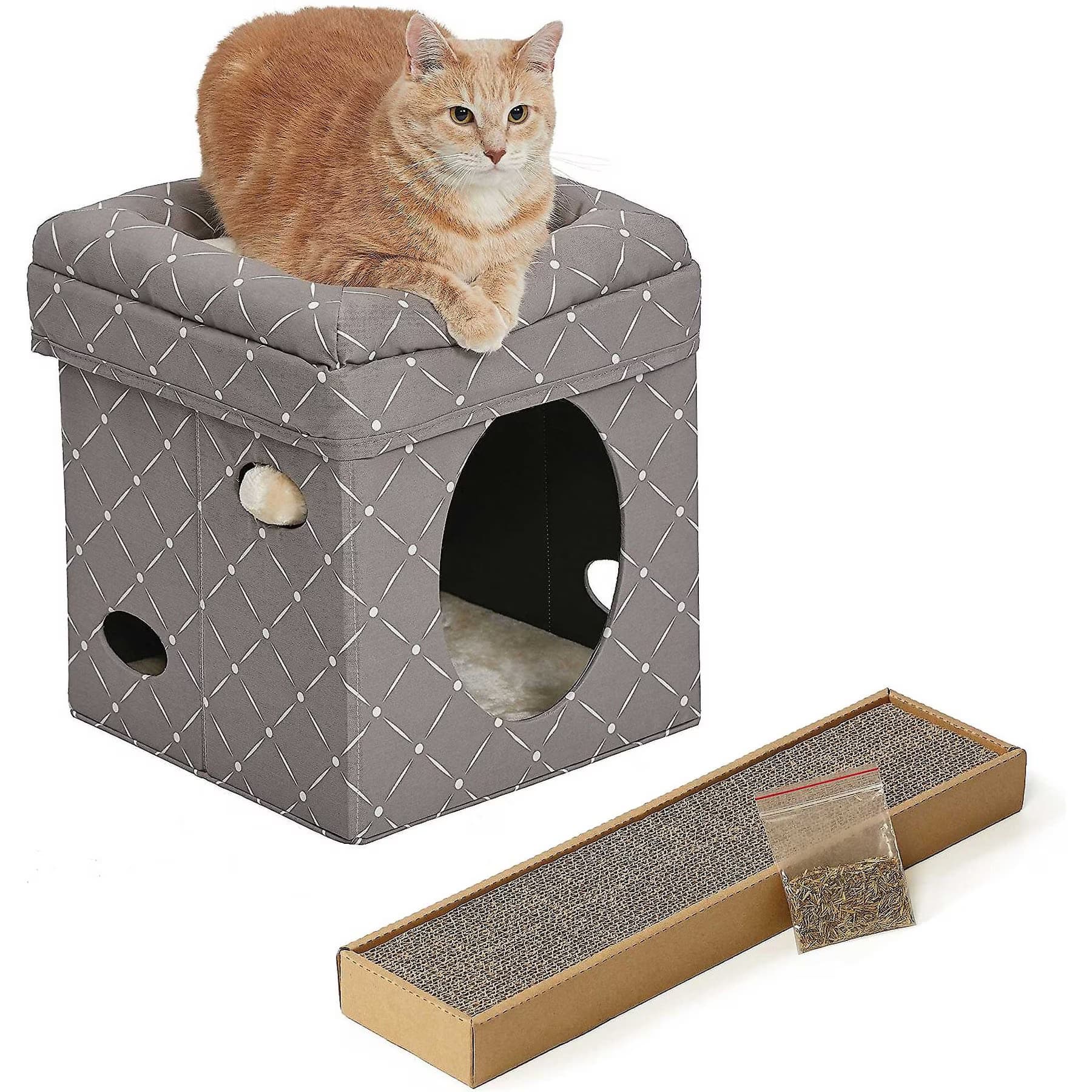 MidWest MidWest Curious Cube Condo, Geometric Mushroom + Catty Scratch Cat Scratcher with Catnip, Small