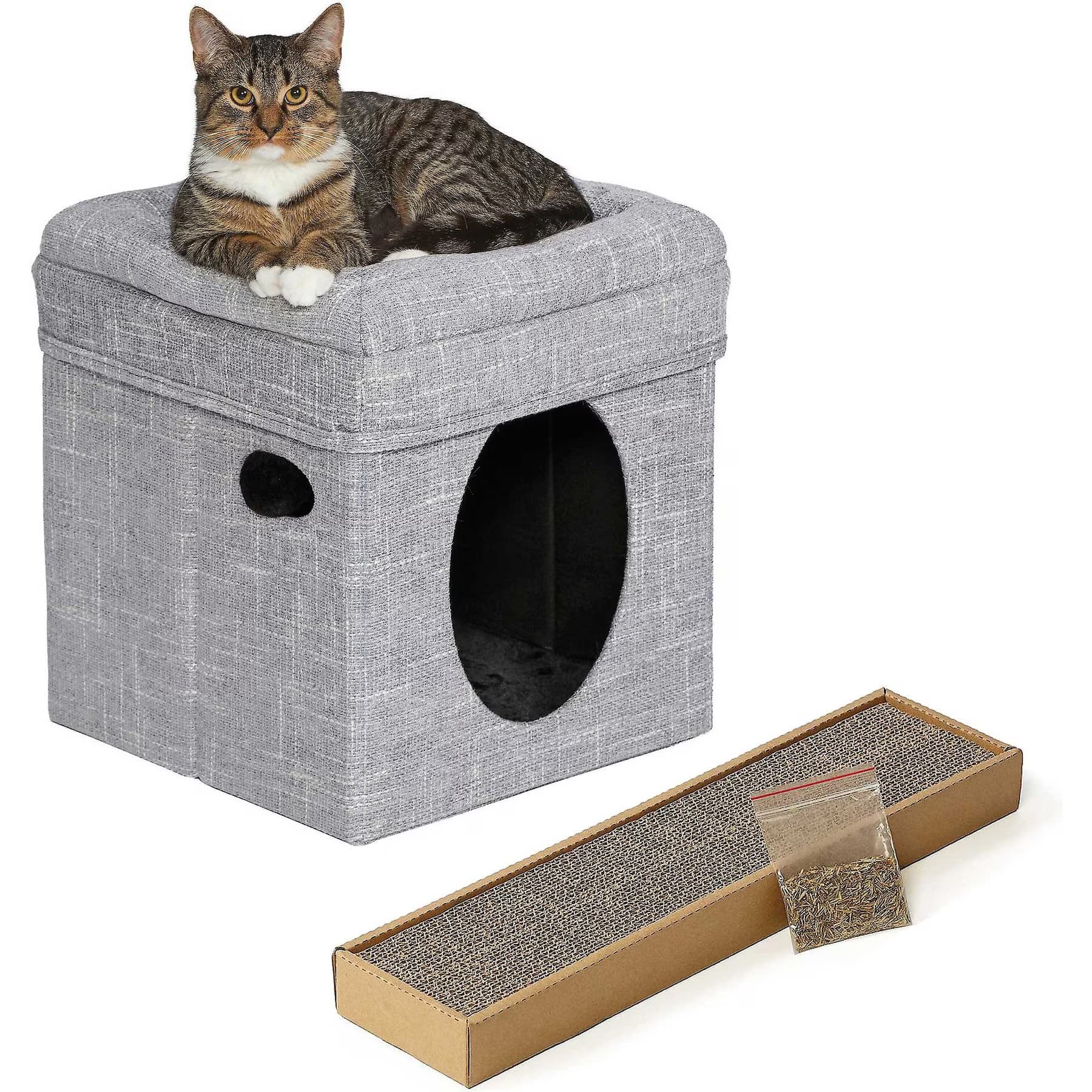 MidWest MidWest Curious Cube Condo, Silver + Catty Scratch Cat Scratcher with Catnip, Small