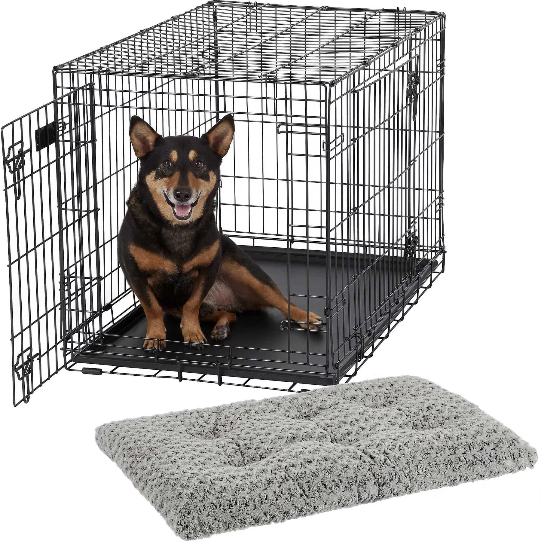 MidWest iCrate Fold & Carry Double Door Collapsible Wire Crate, 22 inch + Quiet Time Ombre Swirl Dog Crate Mat, Grey, 22-in — view 6