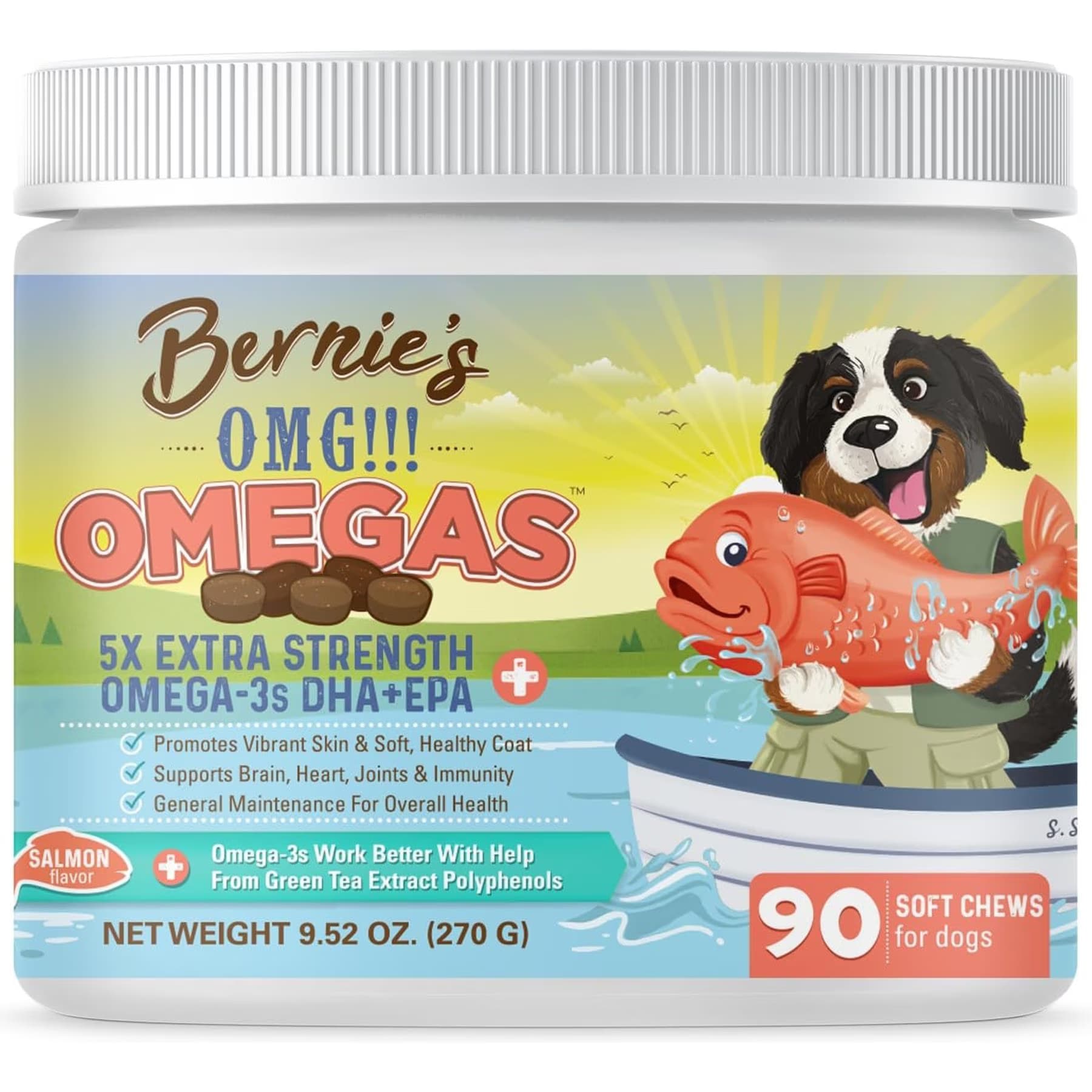 Bernie's Bernie's OMG! Omegas 5X Extra Strength Omega-3s DHA+EPA Skin & Coat, Allergy, Calming & Joint Support Salmon Flavor Fish Oil Chews Supplement for Dogs