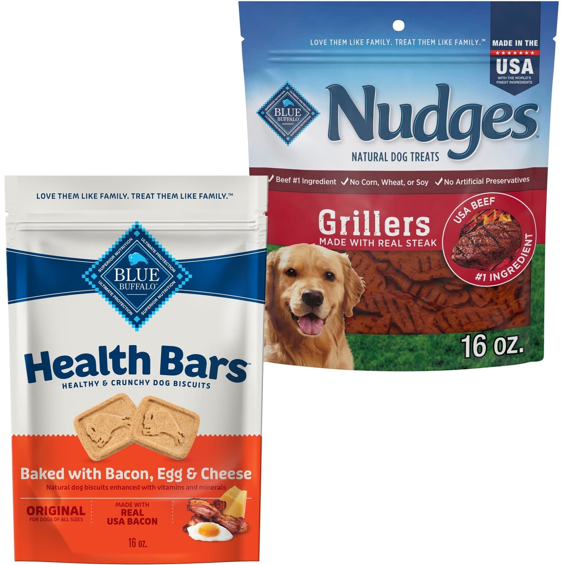 Blue Buffalo Blue Buffalo Health Bars Baked with Bacon, Egg & Cheese + Nudges Grillers Steak Natural Dog Treats