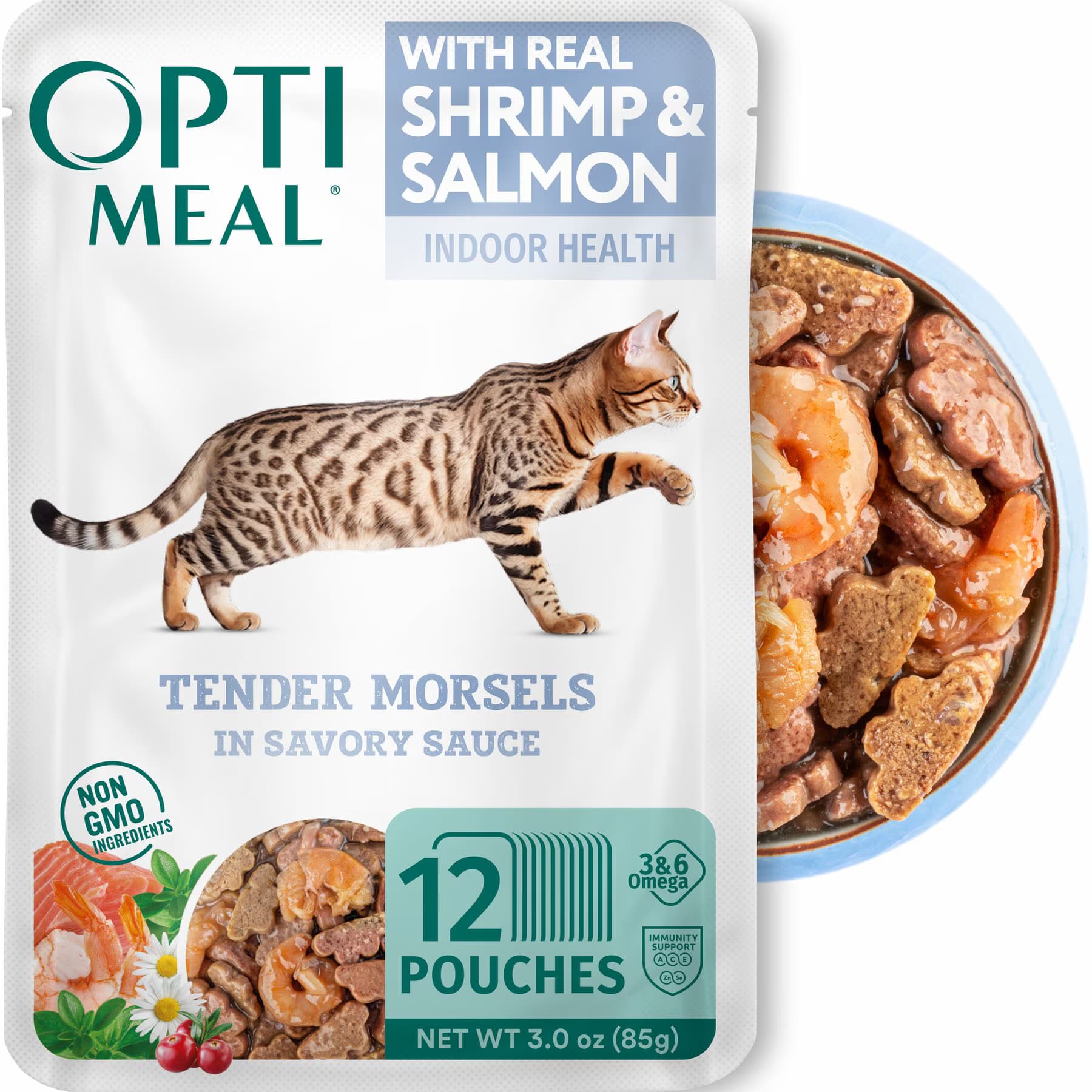 Optimeal X- Optimeal Indoor Health Grain-Free Tender Morsels with Real Shrimp & Salmon in Savory Sauce Adult Cat Food
