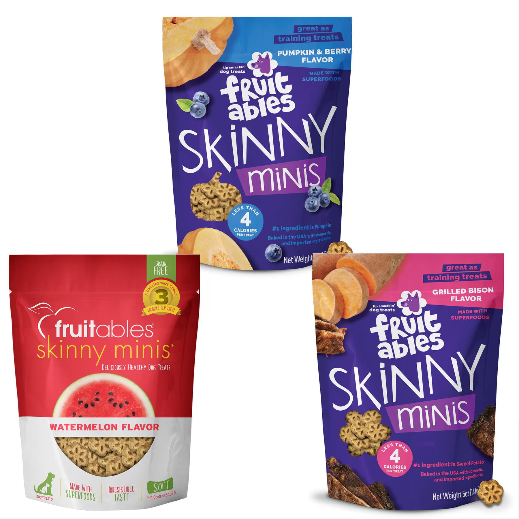 Fruitables Variety Pack – Fruitables Skinny Minis Pumpkin & Berry Flavor Dog Treats, Watermelon & Bison Flavors