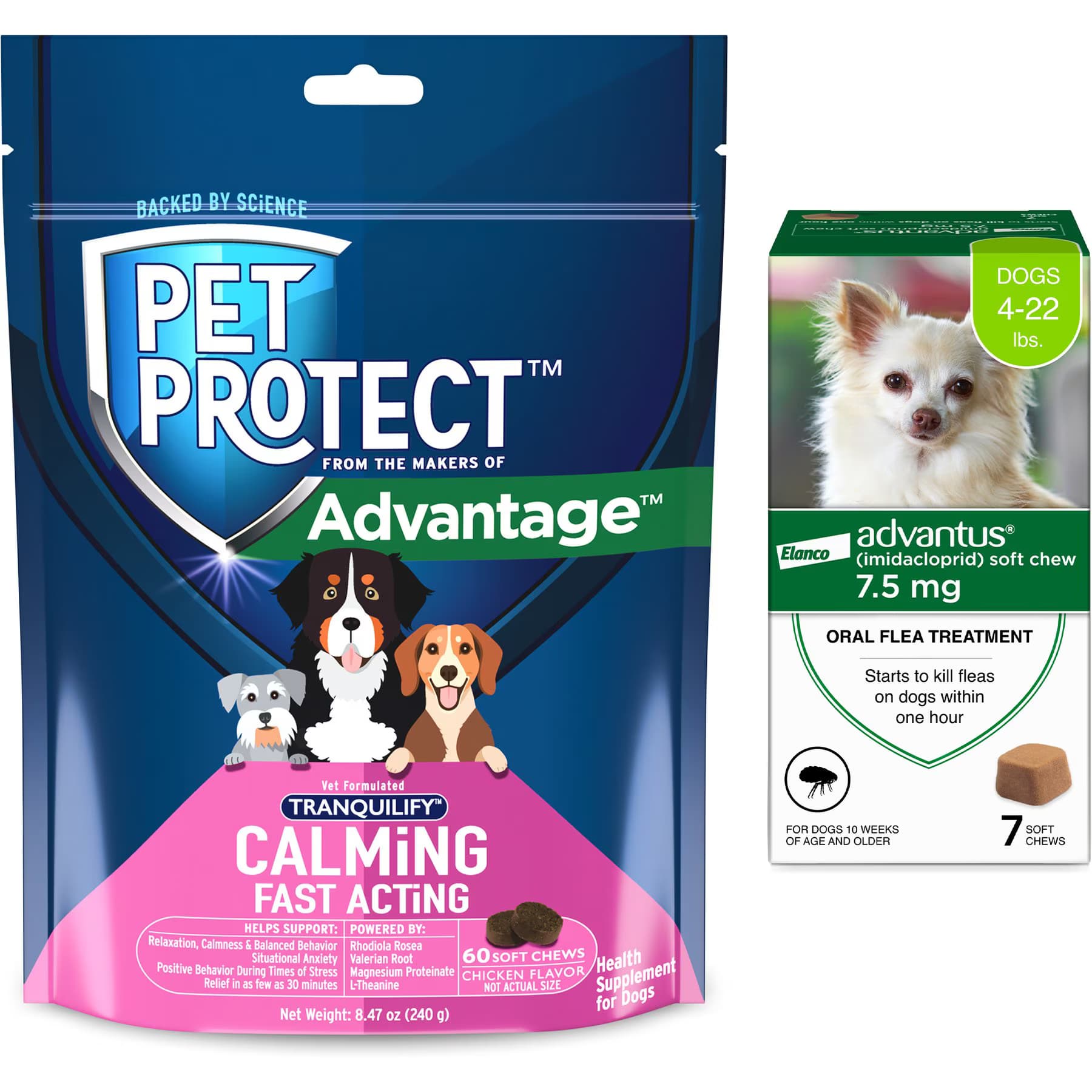 Advantus||Pet Protect Advantus Flea Oral Treatment, 4-22 lbs, 7 Soft Chews + Pet Protect Fast Acting Calming Supplement for Dogs