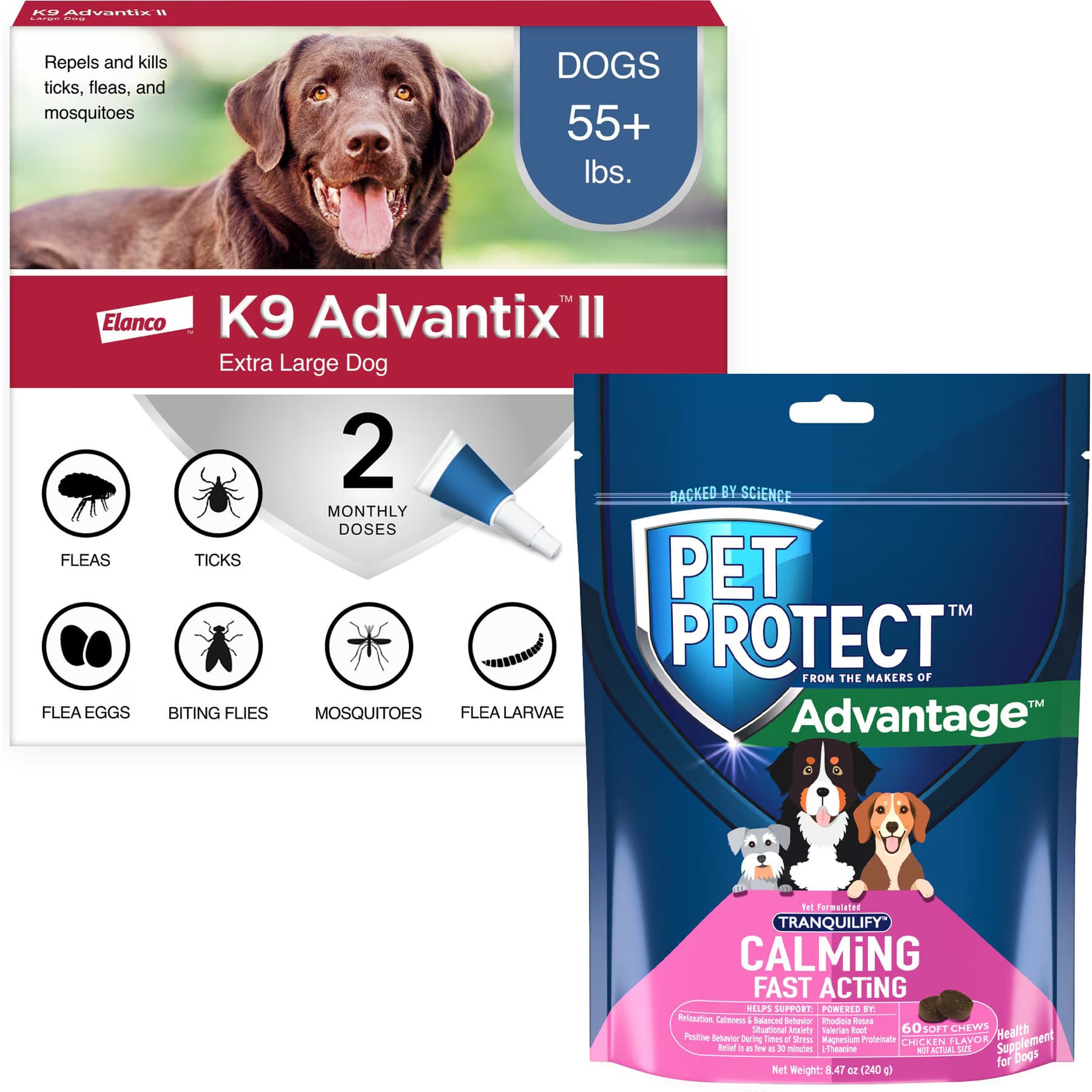 K9 Advantix II||Pet Protect K9 Advantix II Flea & Tick Spot Treatment, over 55-lbs, 2 Doses (2-mos. supply) + Pet Protect Fast Acting Calming Supplement for Dogs