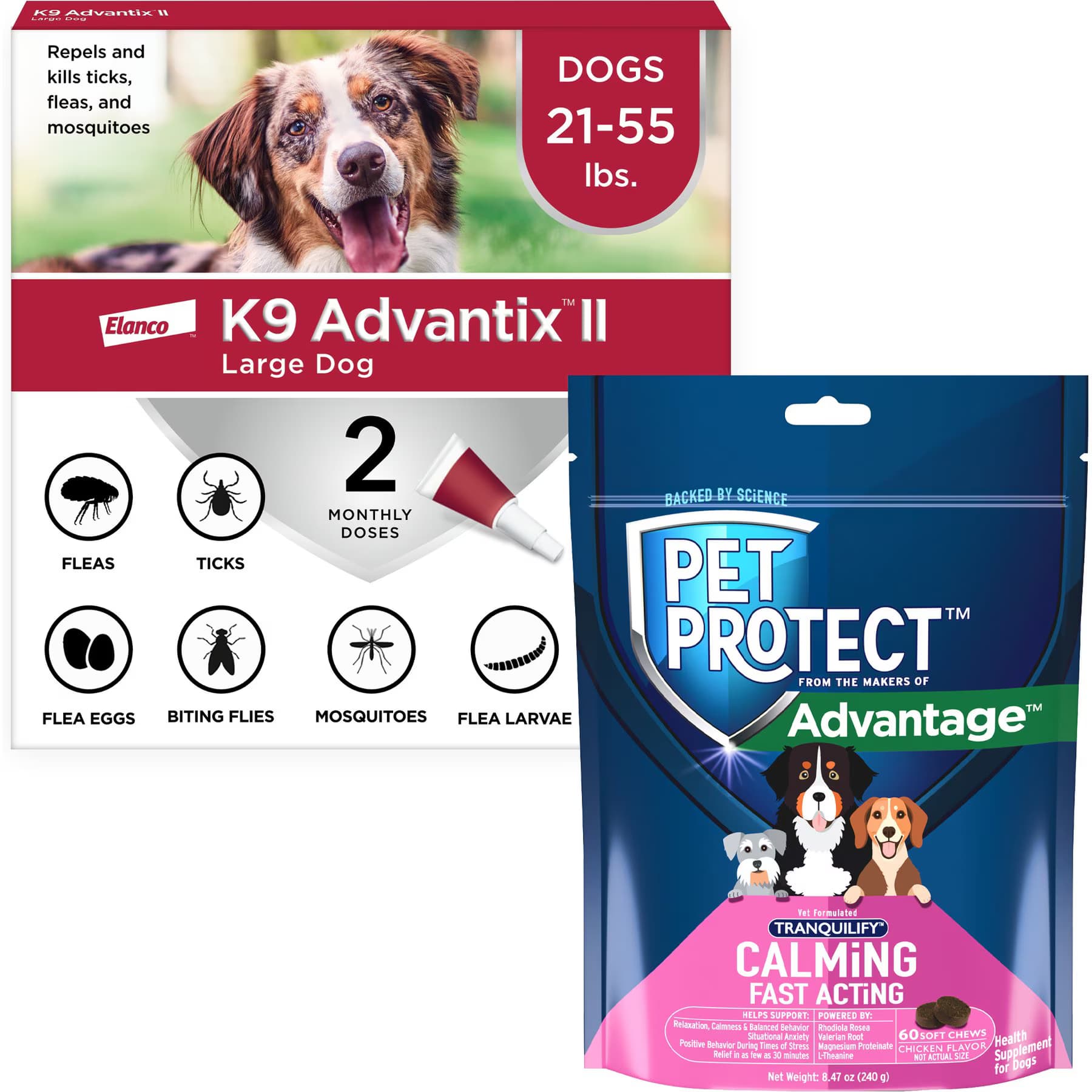 K9 Advantix II||Pet Protect K9 Advantix II Flea & Tick Spot Treatment, 21-55 lbs, 2 Doses (2-mos. supply) + Pet Protect Fast Acting Calming Supplement for Dogs