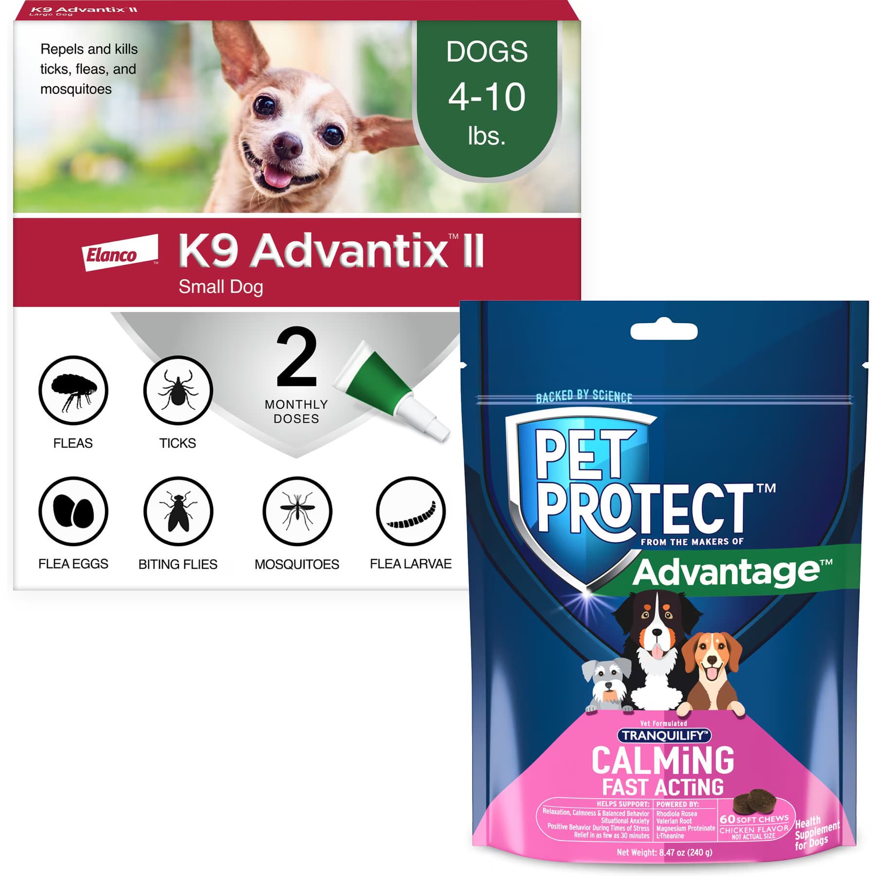 K9 Advantix II||Pet Protect K9 Advantix II Flea & Tick Spot Treatment, 4-10 lbs, 2 Doses (2-mos. supply) + Pet Protect Fast Acting Calming Supplement for Dogs