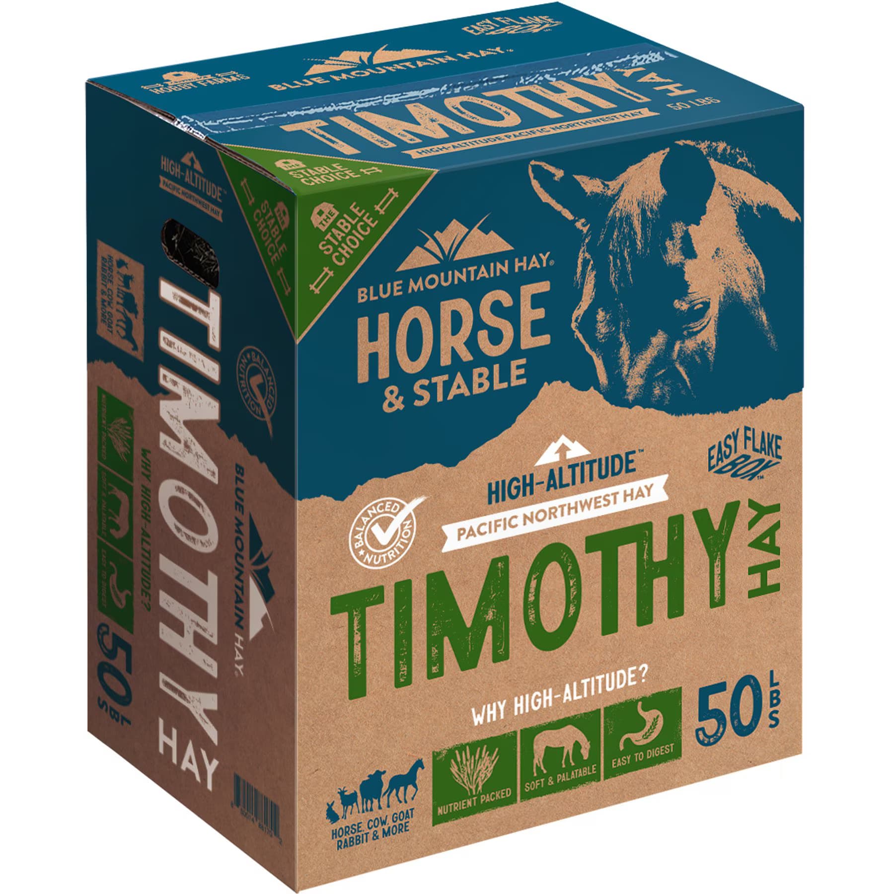 Blue Mountain Hay Blue Mountain Hay High Altitude Timothy Hay Easy Flake Box Horse Feed, 50-lb