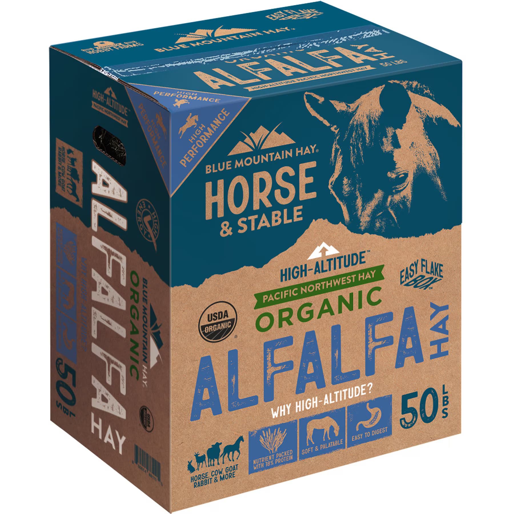 Blue Mountain Hay Blue Mountain Hay High Altitude Organic Alfalfa Hay Easy Flake Box Horse Feed, 50-lb