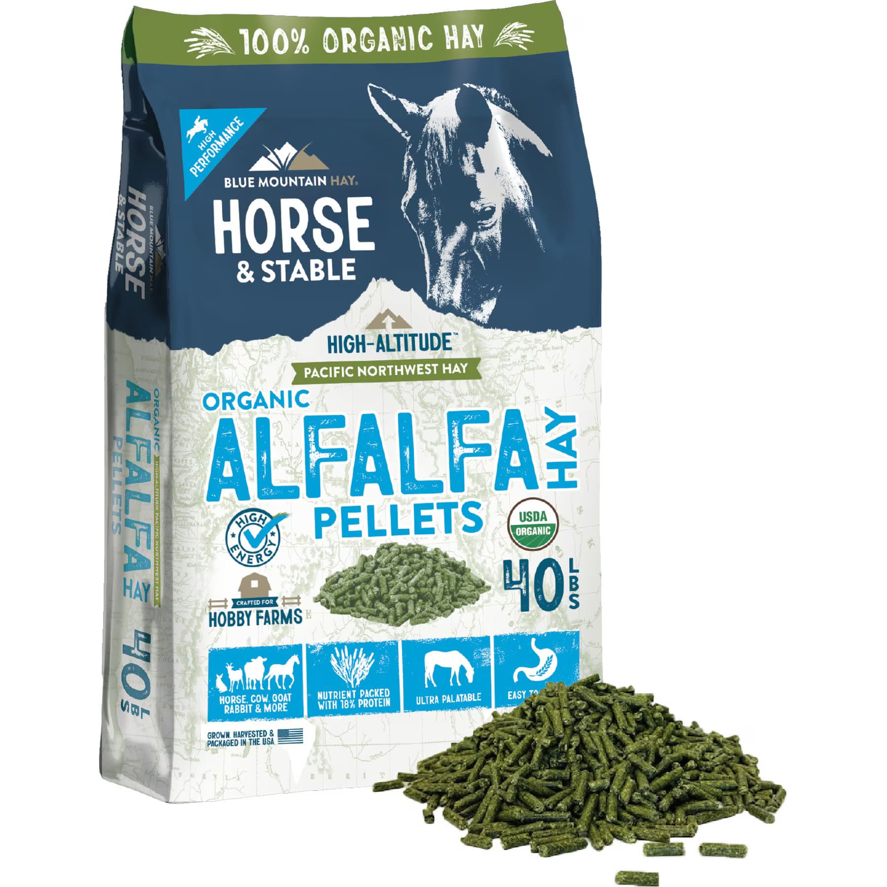 Blue Mountain Hay Blue Mountain Hay High Altitude Organic Alfalfa Hay Pellets Horse Feed, 40-lb