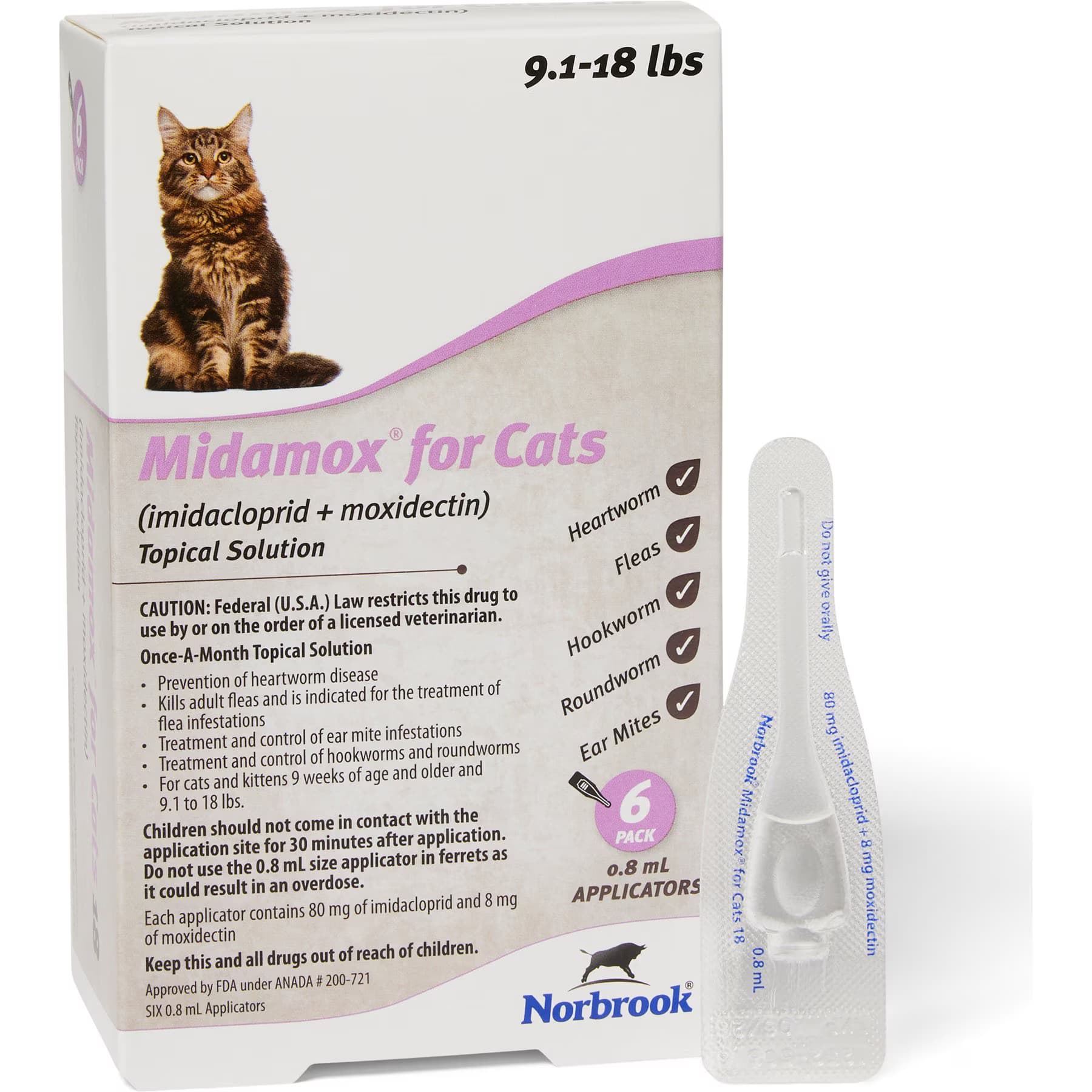 Midamox Midamox Topical Solution for Cats, 9.1-18 lbs, (Purple Box), 6 Doses (6-mos. supply)
