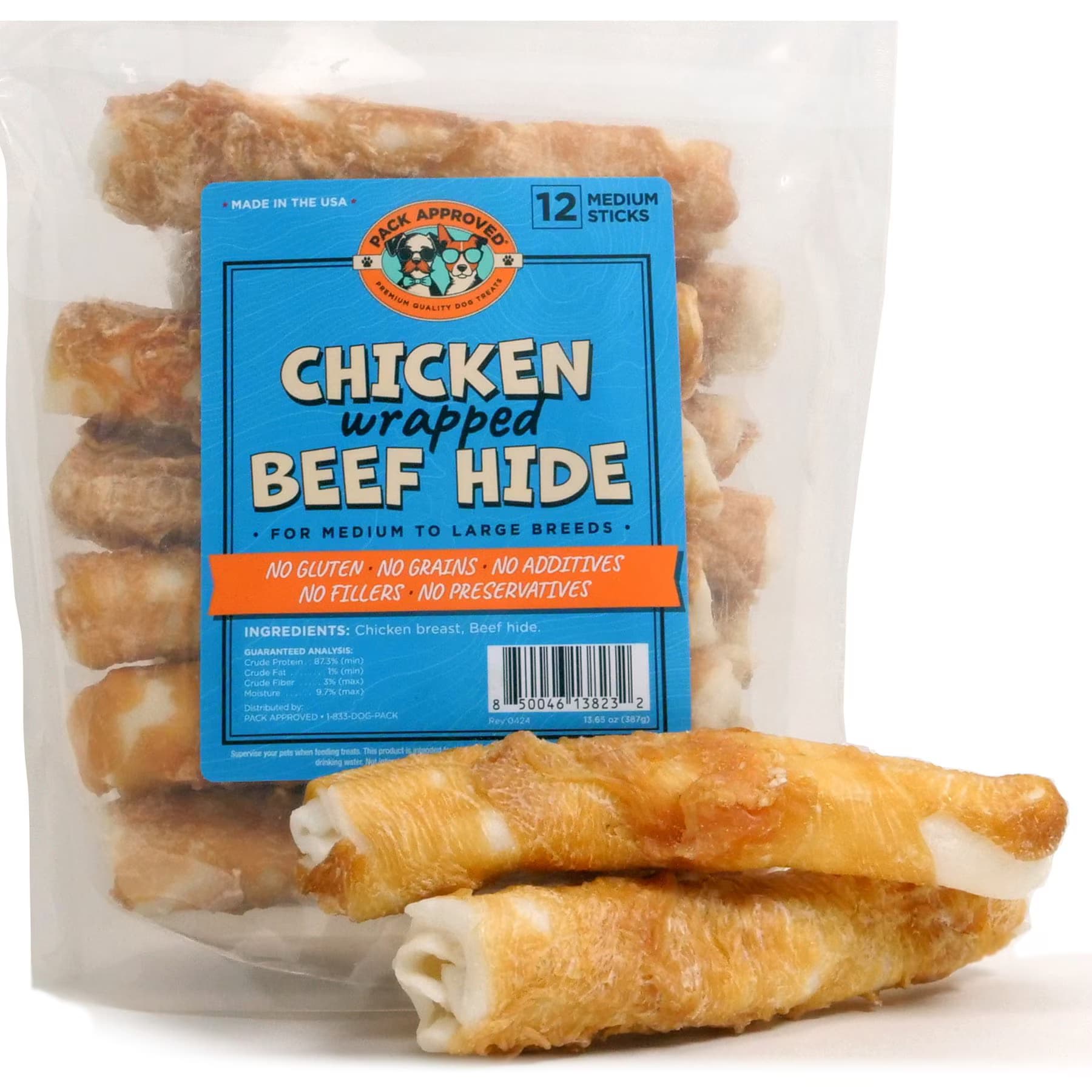 Pack Approved Pack Approved Chicken Wrapped Beef Hide Sticks Natural Dog Chews, Medium