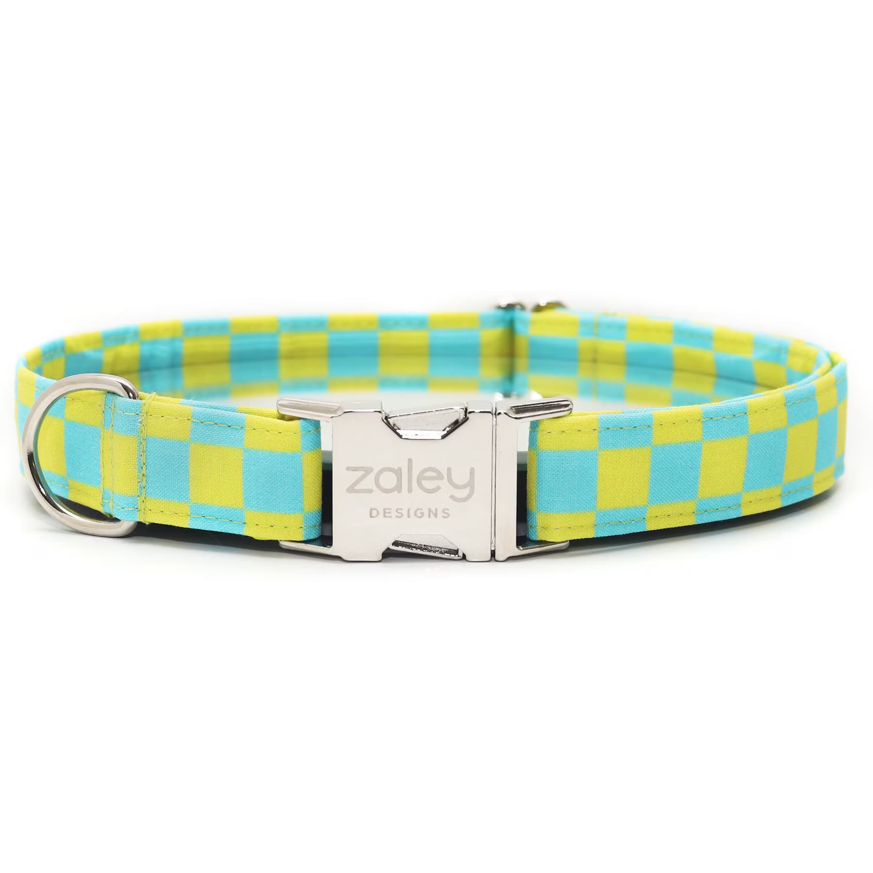 Zaley Designs Zaley Designs Checkered Cotton Dog Collar, Blue & Green, X-Small: 8 to 12-in neck, 5/8-in wide