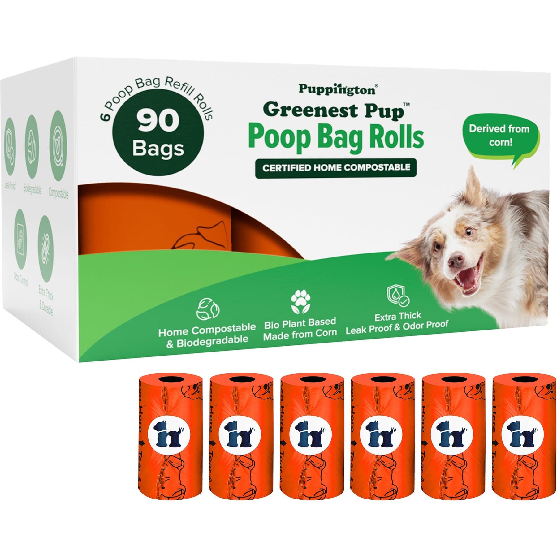 Puppington Puppington Greenest Pup Compostable Dog Poop Bags, Poppy Orange, 12 Rolls