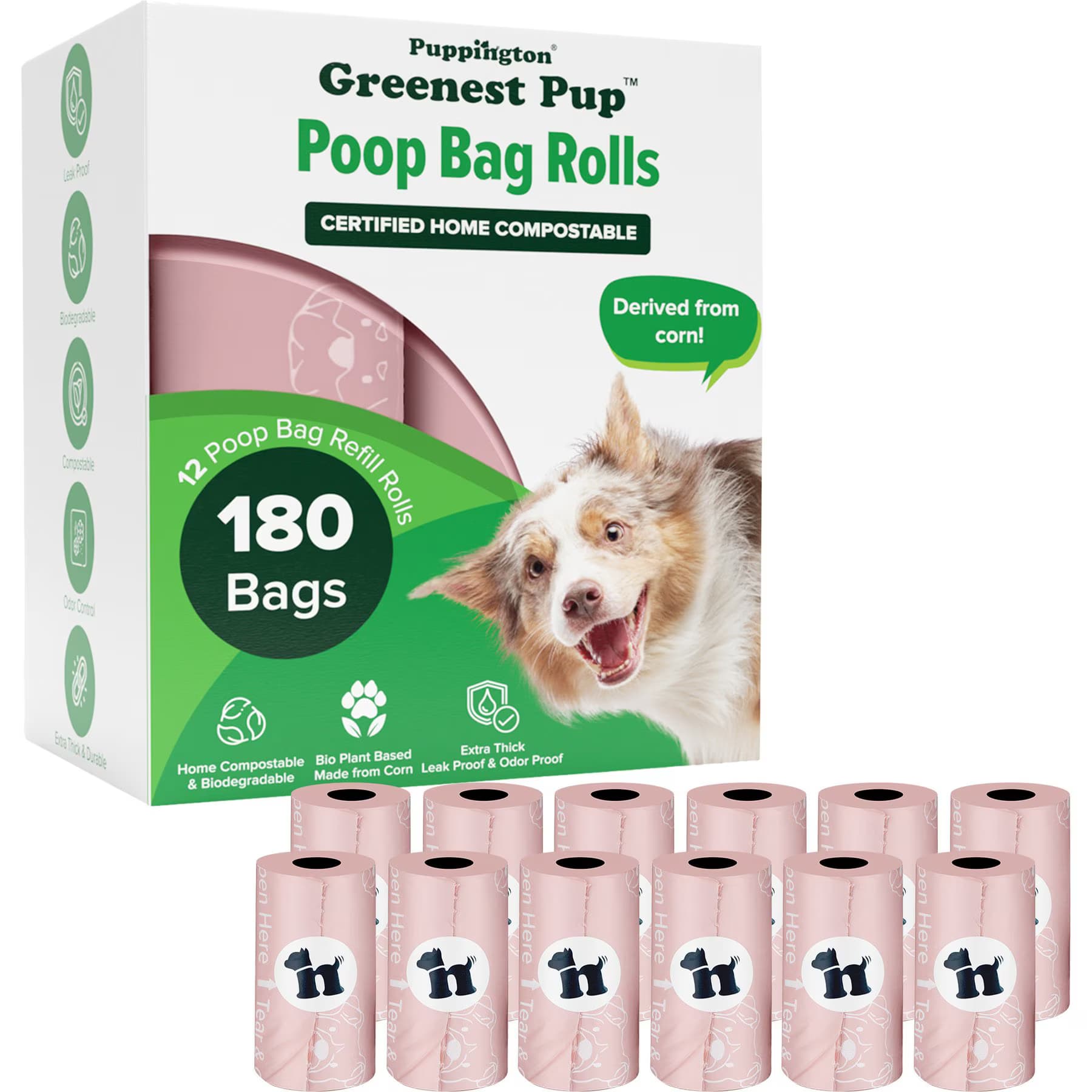 Puppington Puppington Greenest Pup Compostable Dog Poop Bags, Blush Pink, 12 Rolls