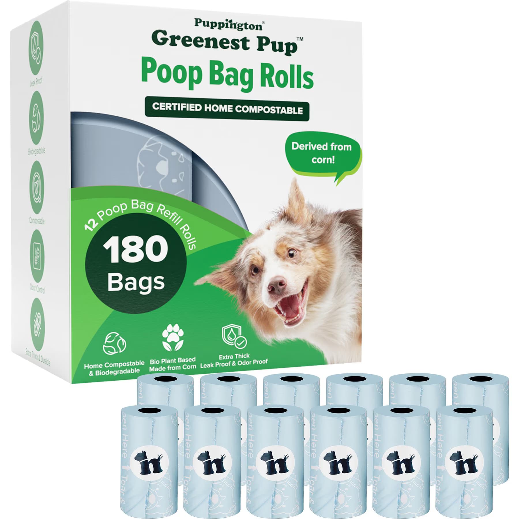 Puppington Puppington Greenest Pup Compostable Dog Poop Bags, Ice Blue, 12 Rolls