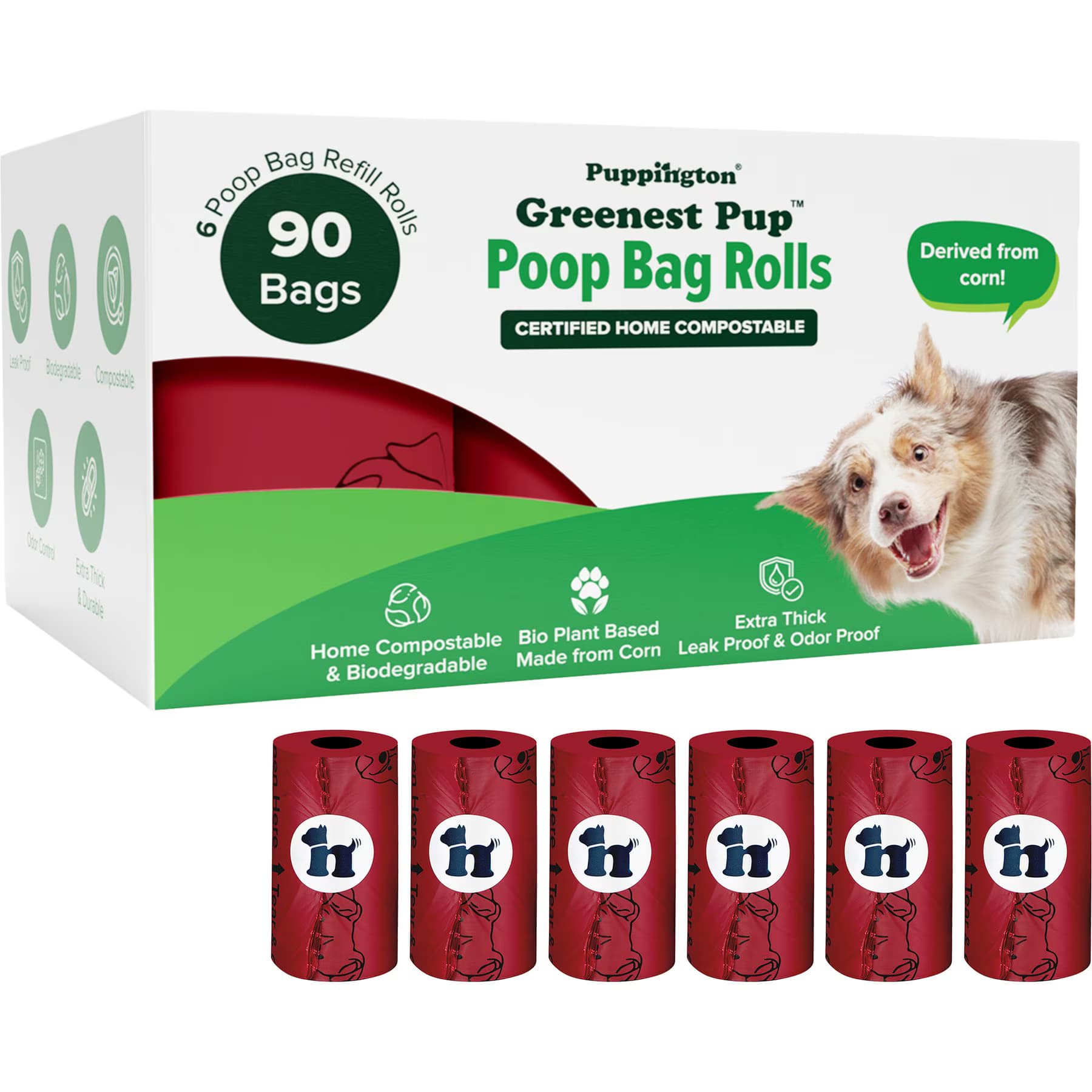 Puppington Puppington Greenest Pup Compostable Dog Poop Bags, Ruby Red, 12 Rolls