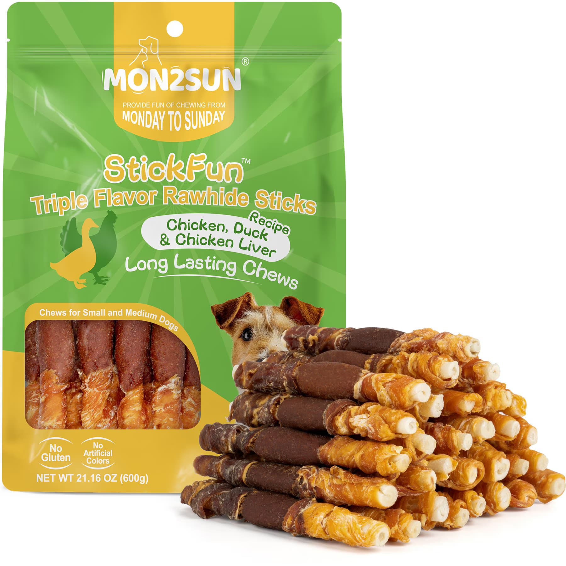 MON2SUN MON2SUN Triple Flavor Chicken Liver Duck & Chicken Wrapped Rawhide Sticks 5-inch Dog Treats