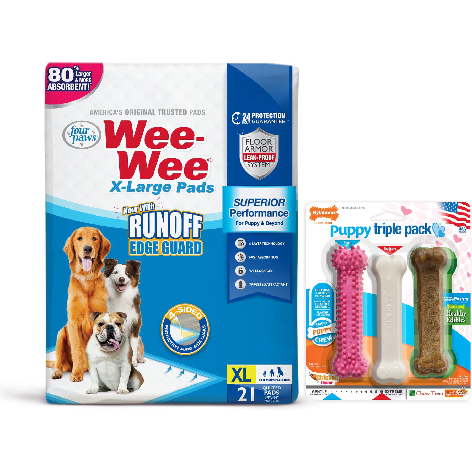 Nylabone||Wee-Wee Wee-Wee Puppy Pee Pads, 28 x 34-in + Nylabone Puppy Chew Toy