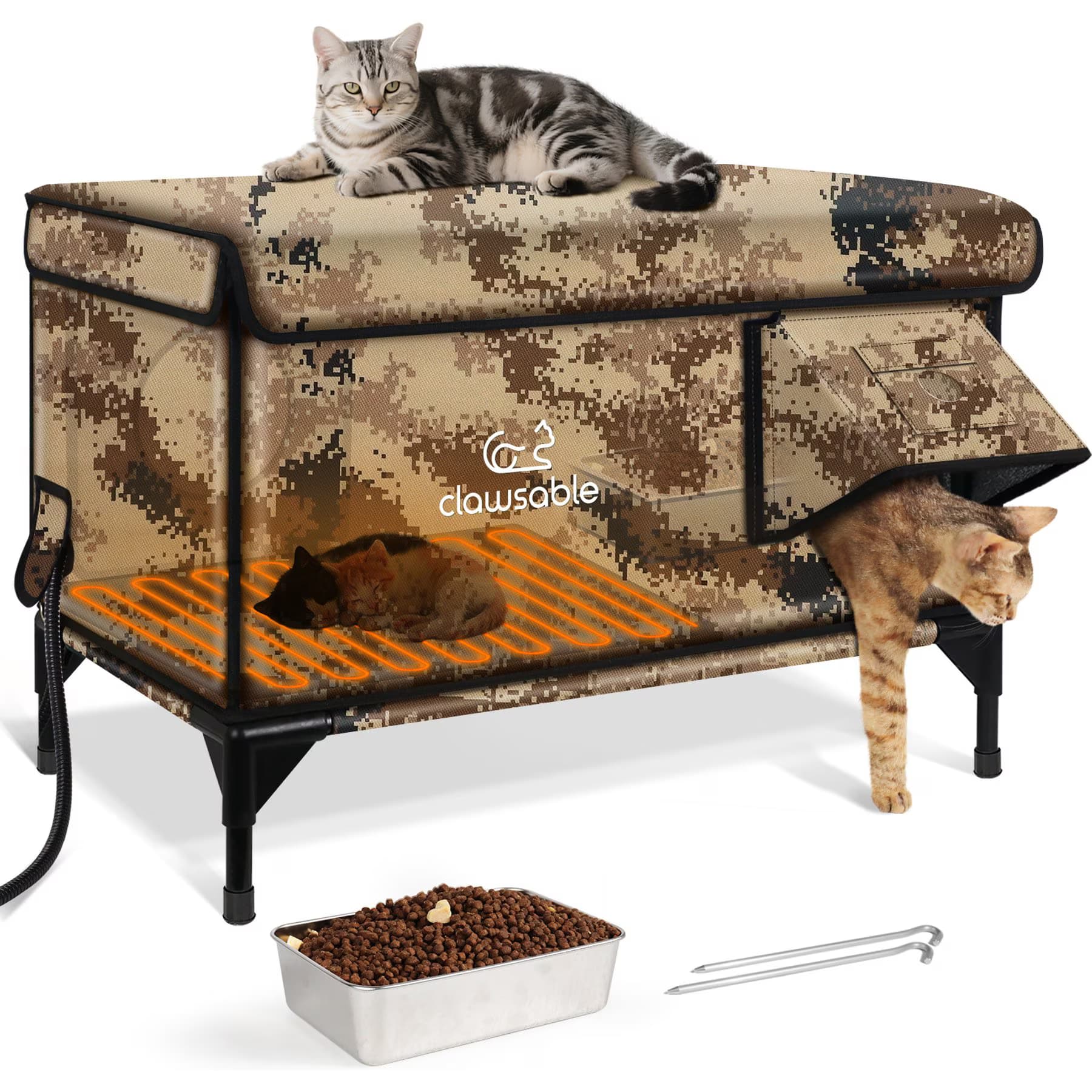 Clawsable Clawsable Polyester Outdoor XL Heated Cat House with Built-In Feeding Bowl, Desert Camo, Large