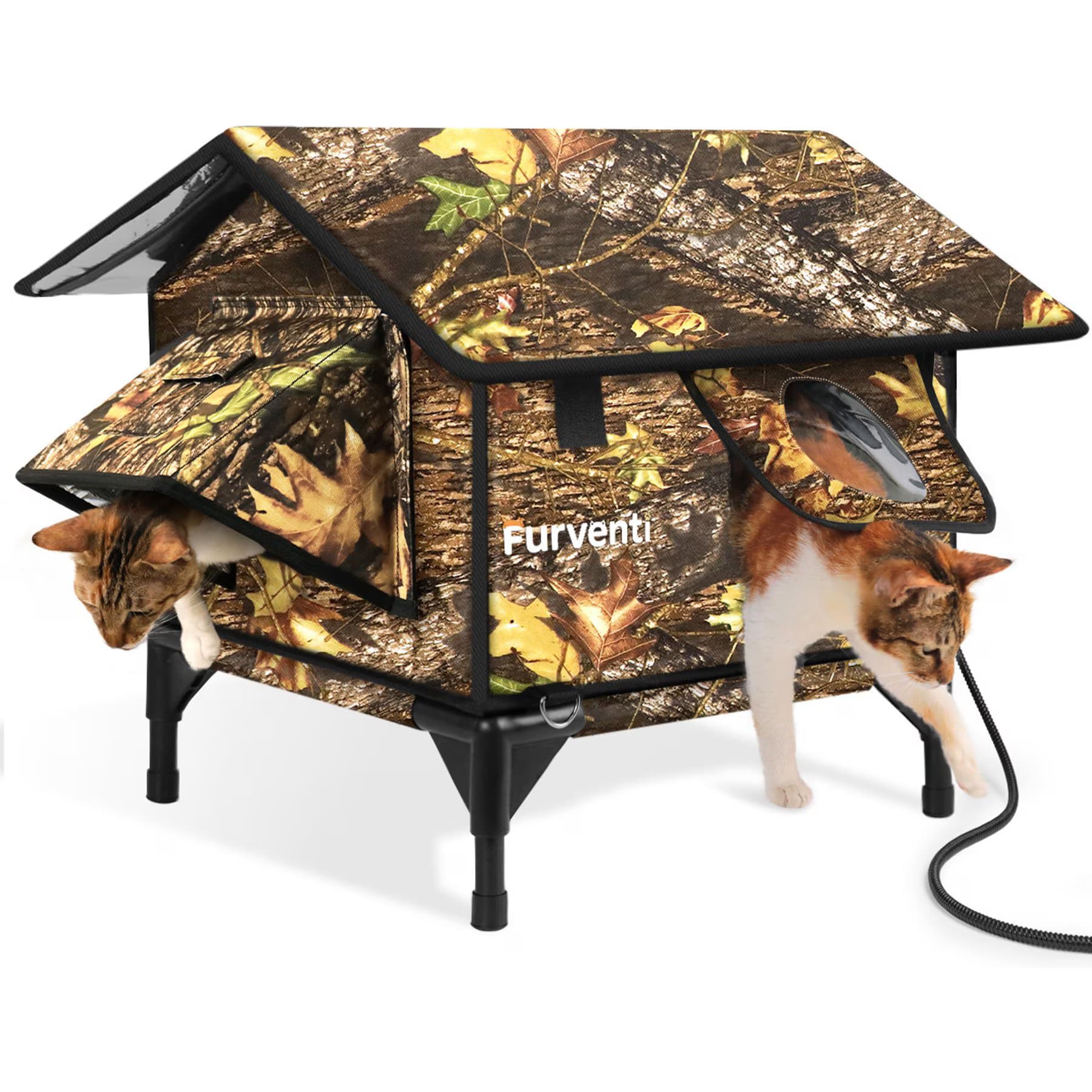 Furventi Furventi Leaf Camouflage Hideaway Weatherproof Insulated Elevated Polyester Outdoor Heated Cat Shelter, Green, Small