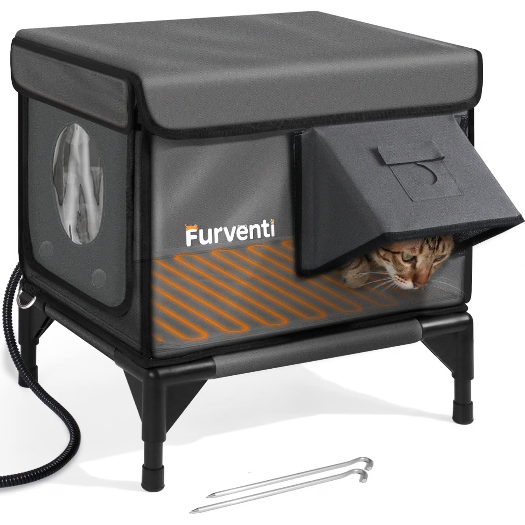 Furventi Furventi Eco-Friendly Rainproof Insulated Multiple Outlets Polyester Outdoor Heated Cat House, Grey, Small