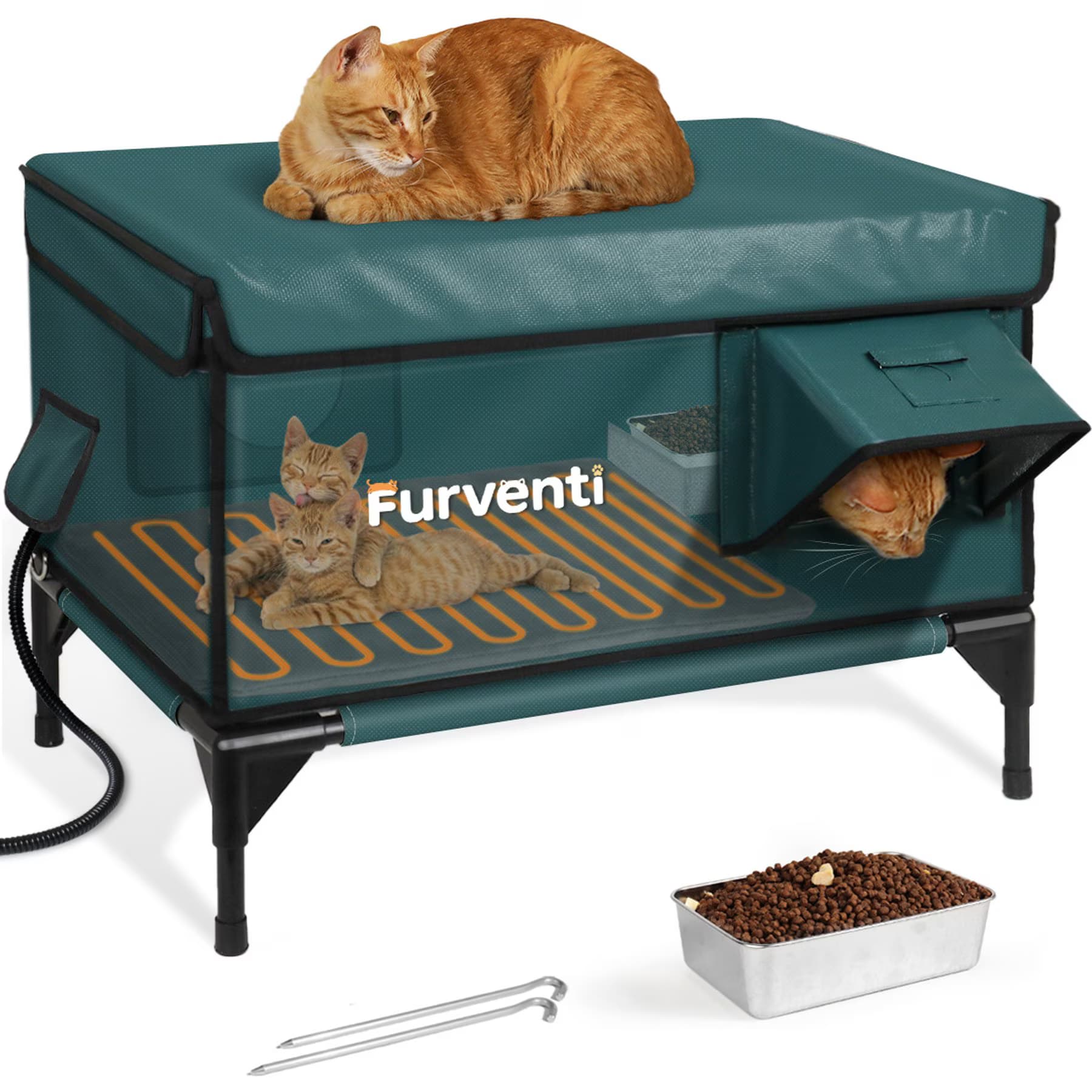 Furventi Furventi Flagship Eco-Friendly Waterproof Multi-Exit Polyester Outdoor Heated Cat House, Green, Large