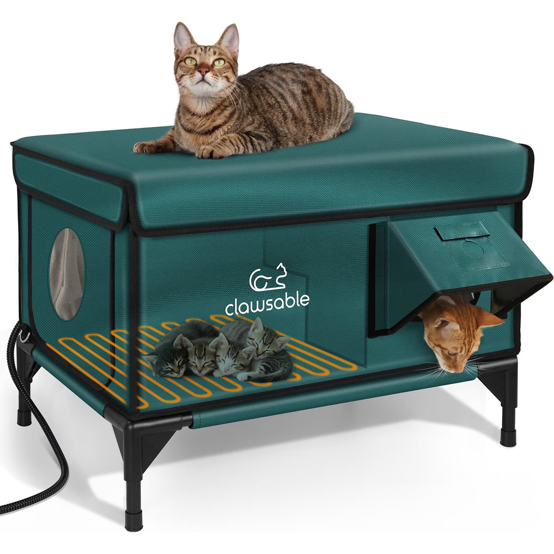 Clawsable Clawsable Elevated Polyester Outdoor Cat Shelter with Heated Pad, Dark Green, Large