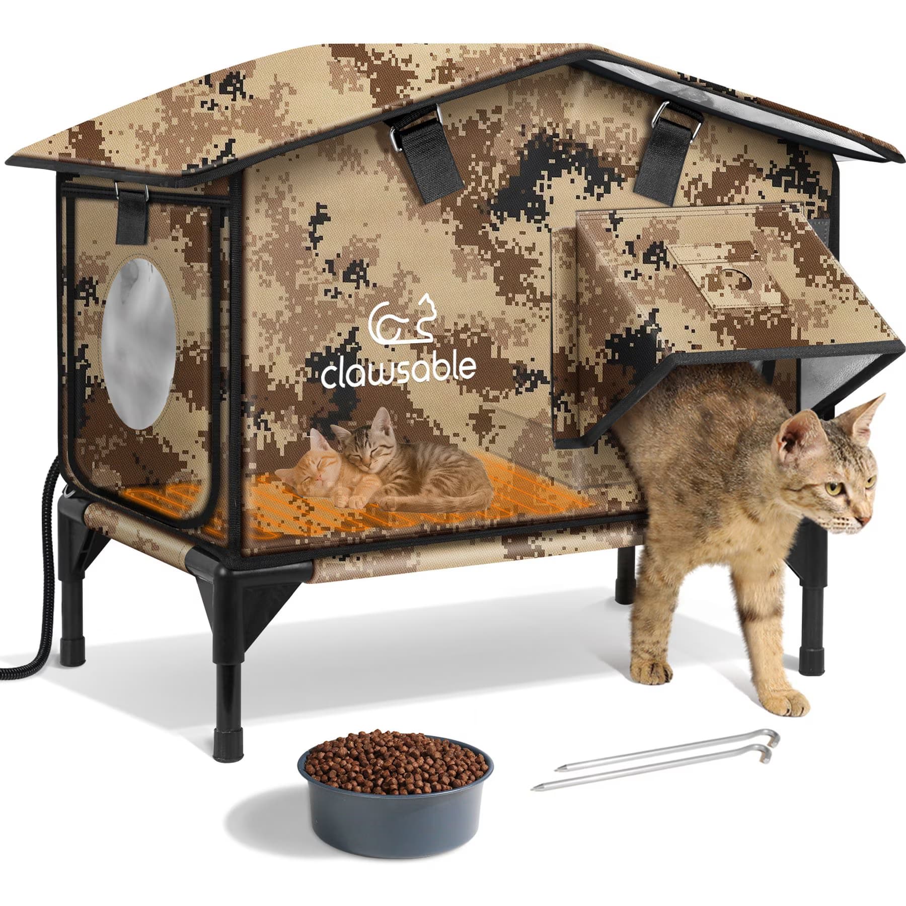 Clawsable Clawsable WarmPaws Polyester Outdoor Heated Cat Shelter with Feeding Bowl, Medium, Desert Camo