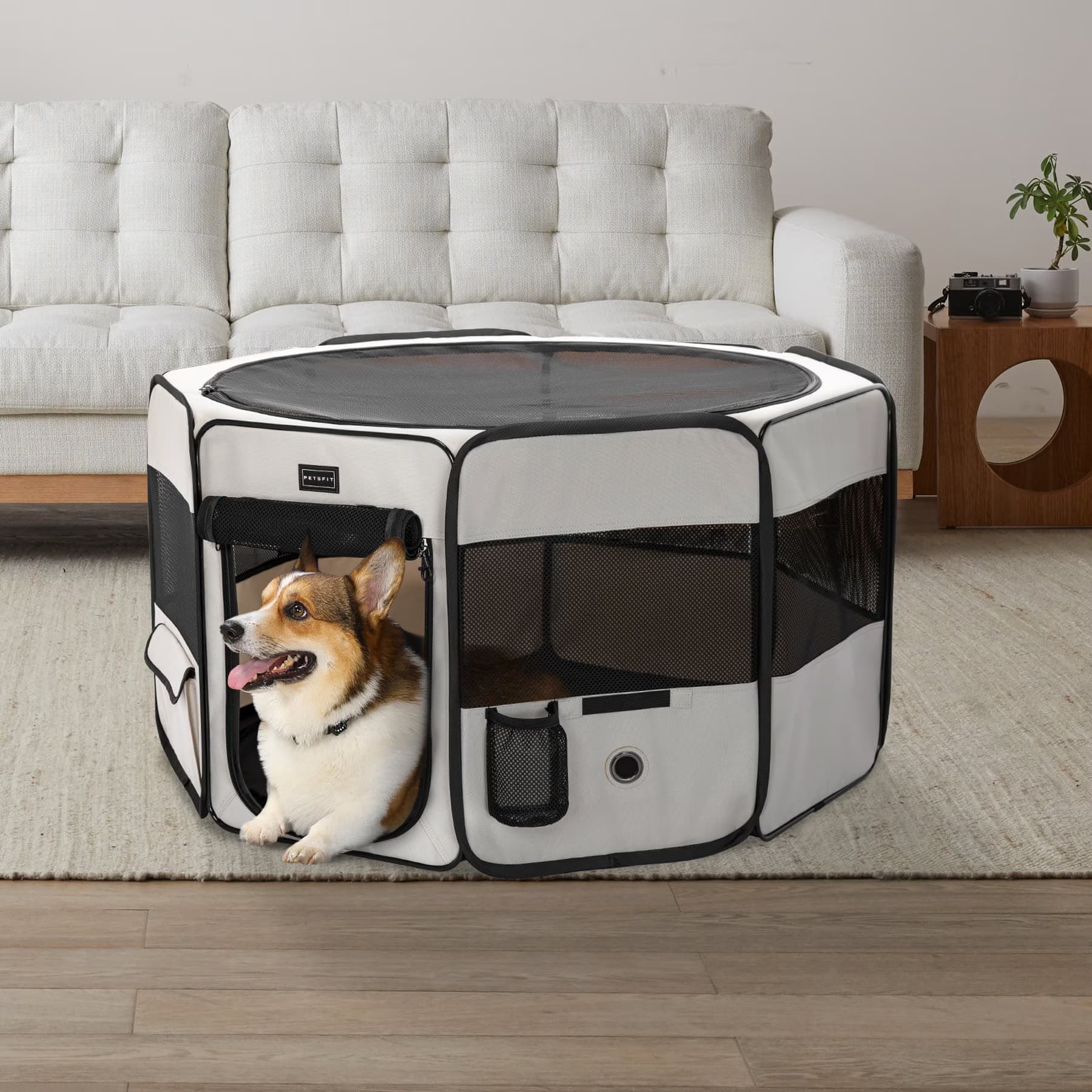 Petsfit Portable Waterproof Bottom Dog Playpen with Zipper Removable Mesh Top Cover, Beige, Large: 45.5 x 45.5 x 28.5-in — view 2