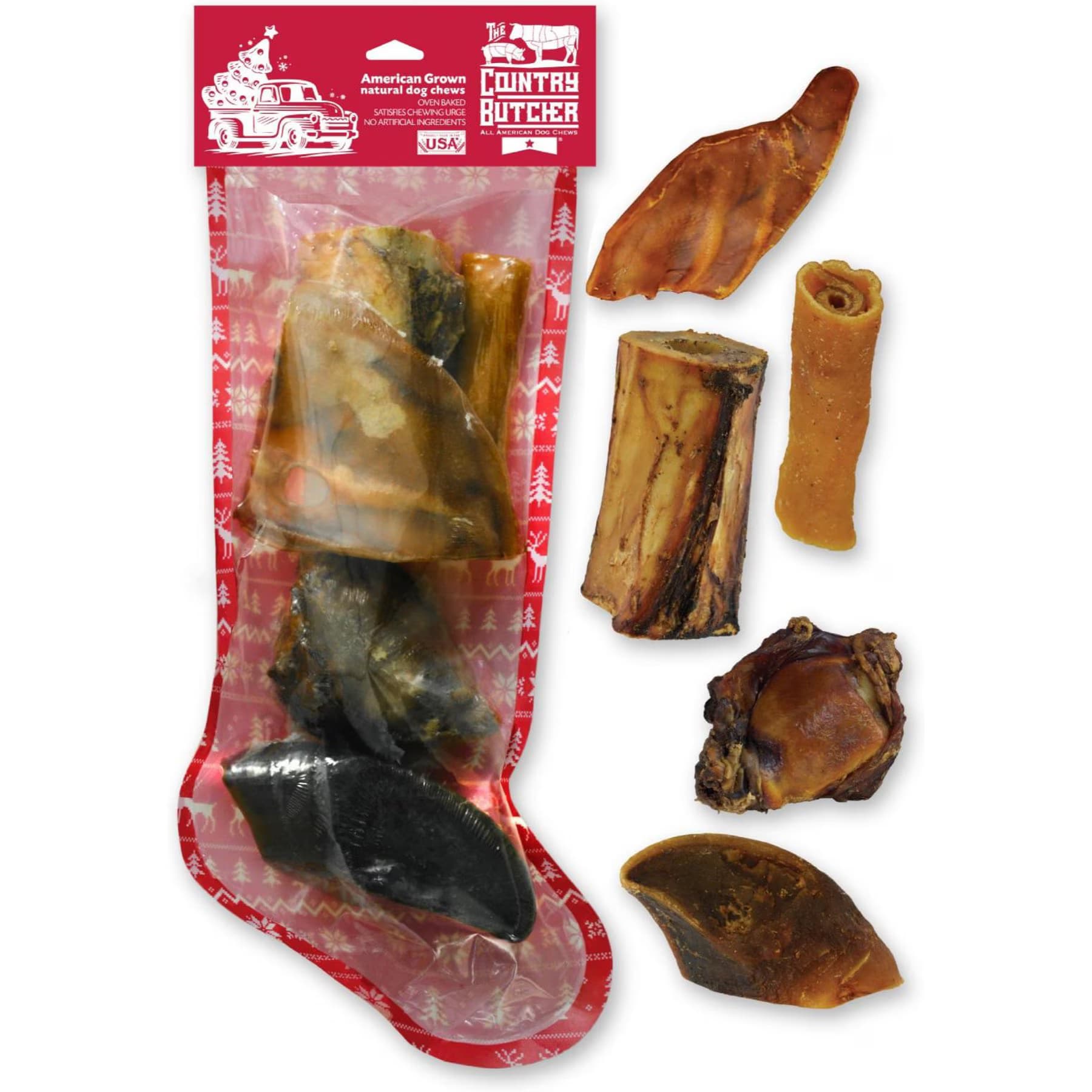 The Country Butcher The Country Butcher Christmas Stocking 5 Piece Variety Pack Dog Natural Chew Treats with Holiday header, 10.8-oz